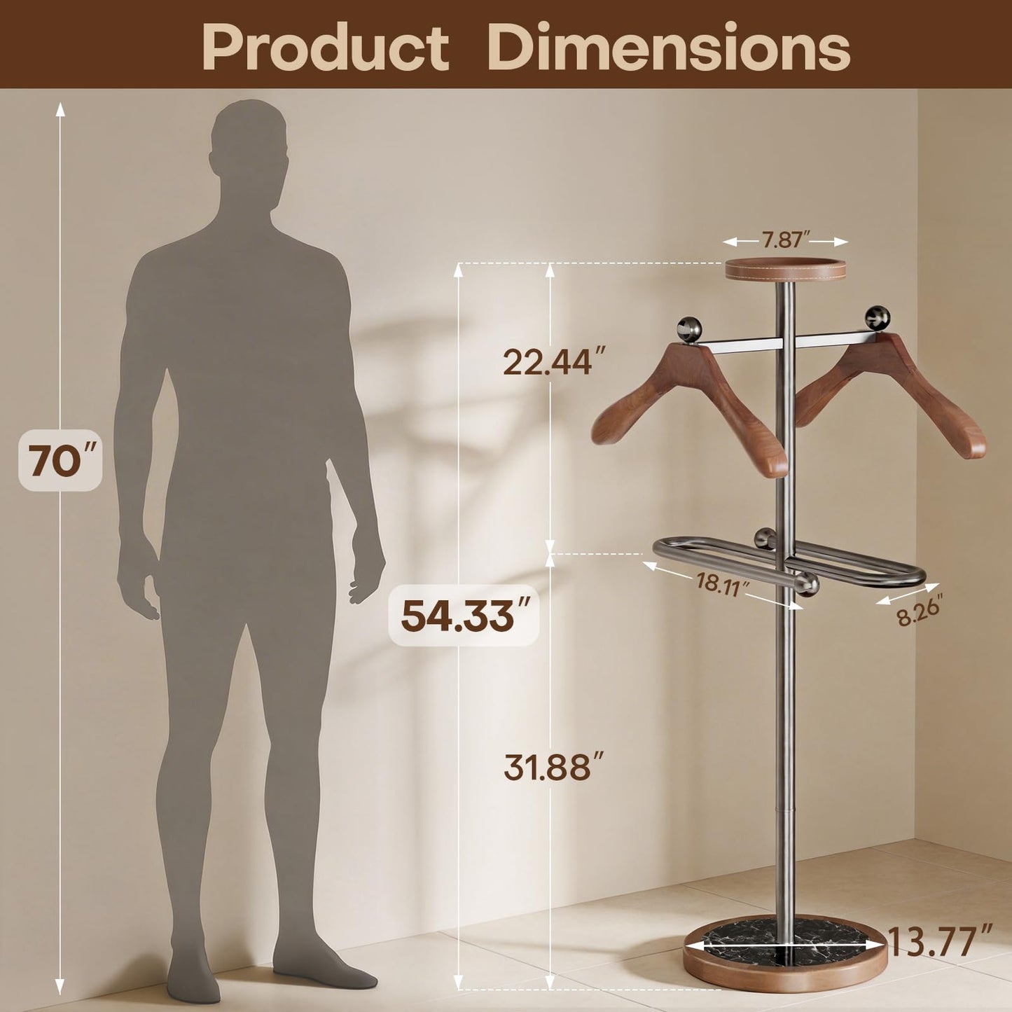 MLAVUDM Suit Valet Stand with 2 Wooden Hangers & Storage Tray, Stainless Steel Frame, Solid Natural Marble Base, Freestanding Clothing Valet for Men, Bedroom, Office, Entryway (12.6 x 54.33 in)