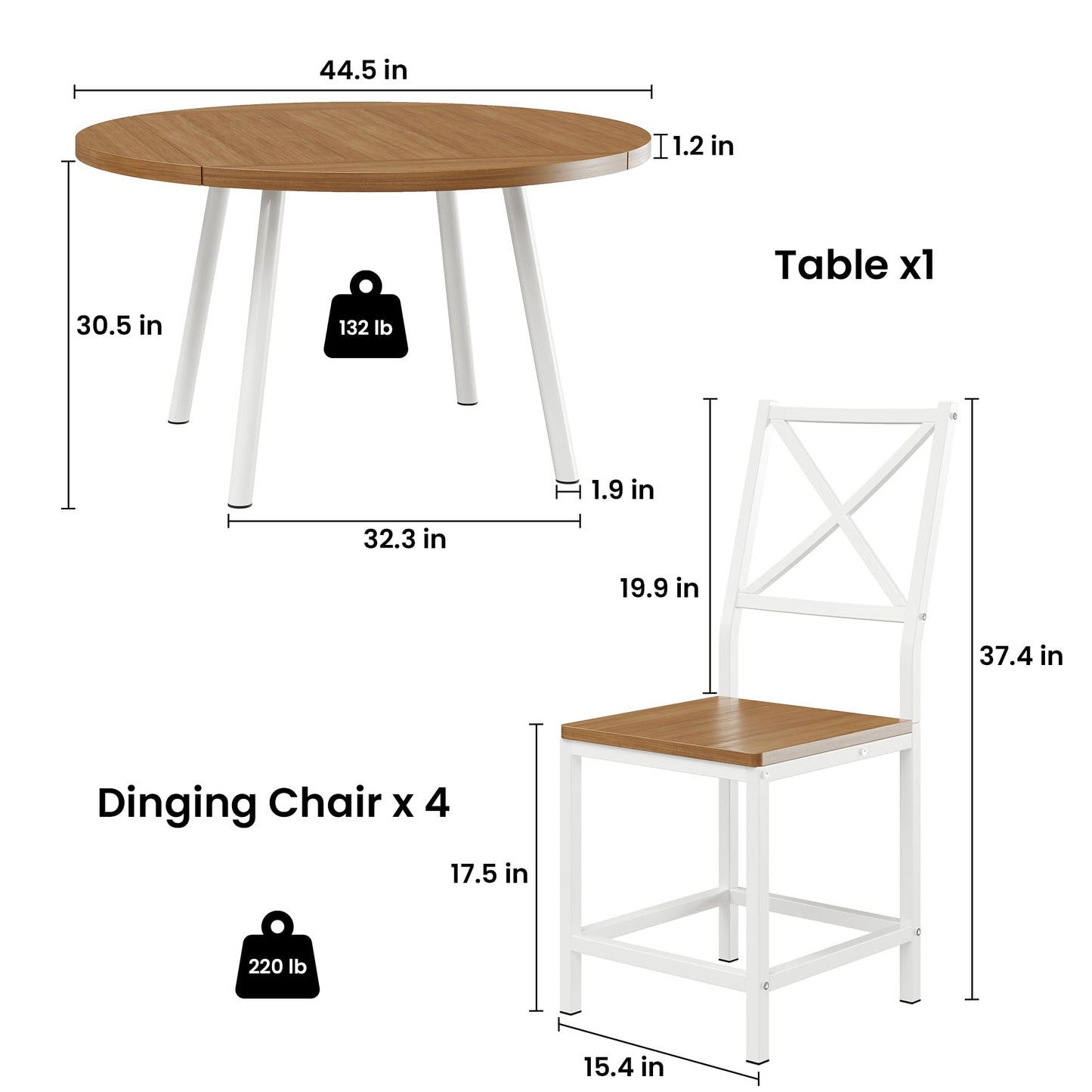 IRONCK Round Dining Table Set for 4, Extendable Kitchen Table with 4 Chairs, 44.5" Drop Leaf Desk, Folding for Small Space, Apartment, Natural Wood