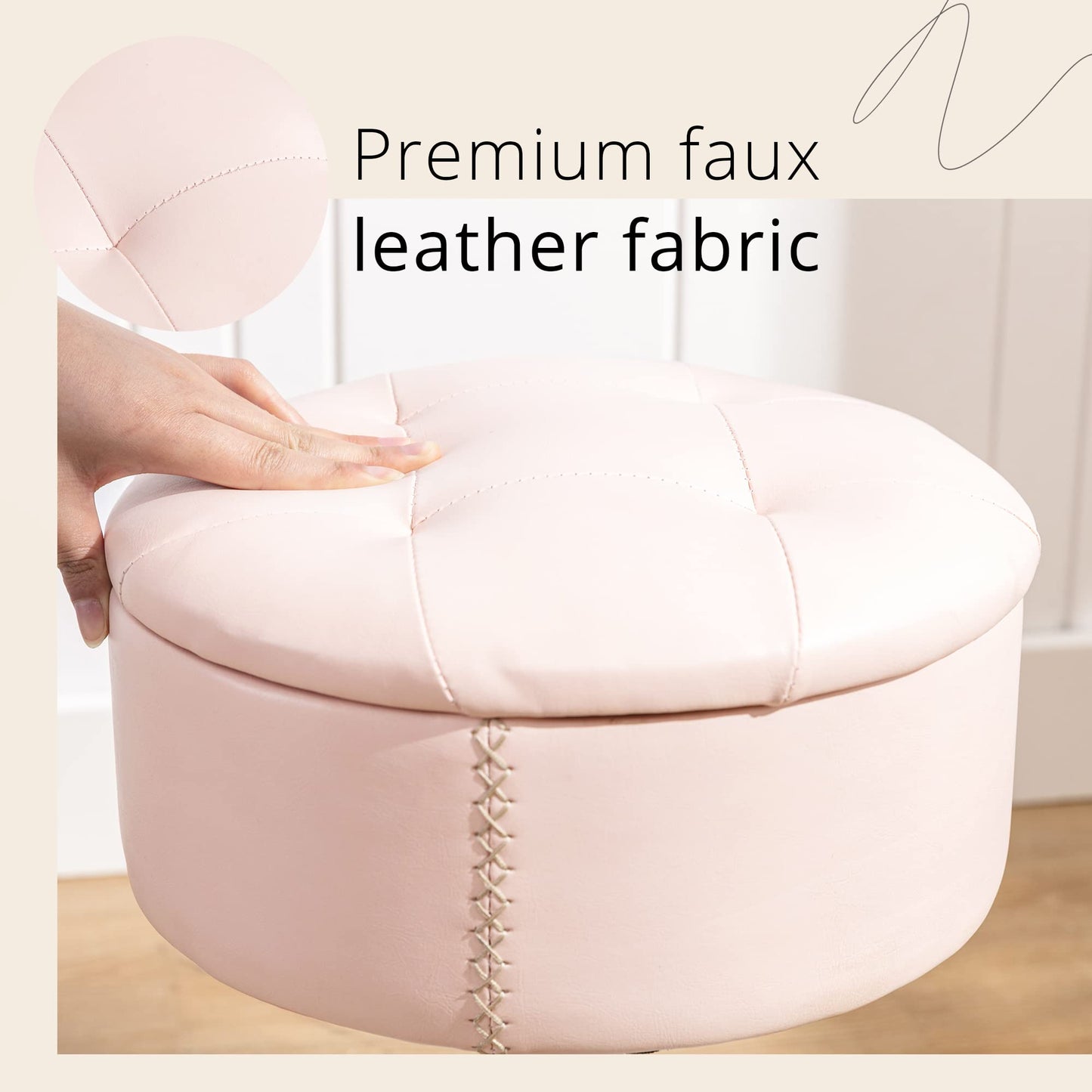 LUE BONA 360°Swivel Vanity Stool Chair for Makeup Room, Height Adjustable Stool for Vanity with Storage, Small Pink Faux Leather for Bathroom, Living Room
