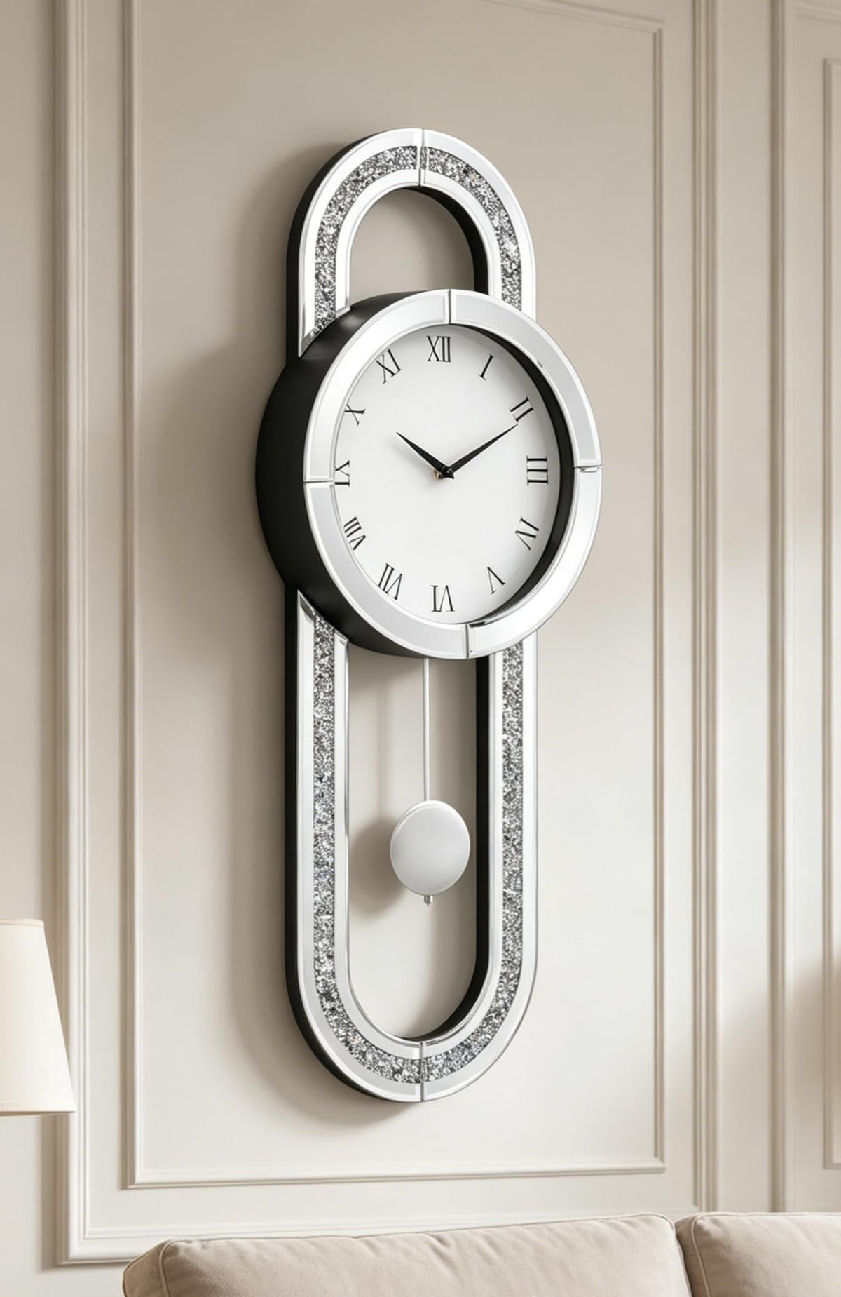 SHYFOY Decorative Wall Clock 31.5" Mirrored Pendulum Clock Silent Quality Quartz Luxury Large Wall Clocks with Crushed Diamond and Silver Glass for Living Room Home Decor & Gift