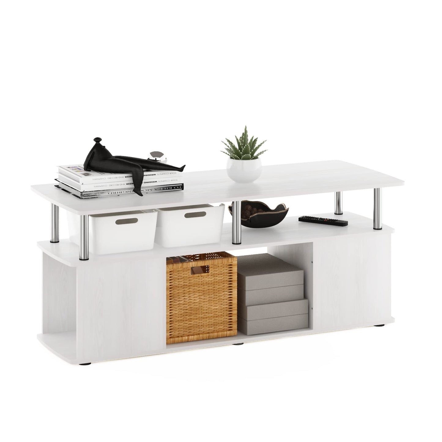Furinno JAYA TV Stand, 3-Tier Entertainment Center with Open Shelf, TV Console for TV up to 50 Inch with Side Open Storage Compartments, for Living Room, Bedroom, White Oak/Stainless Steel Tubes