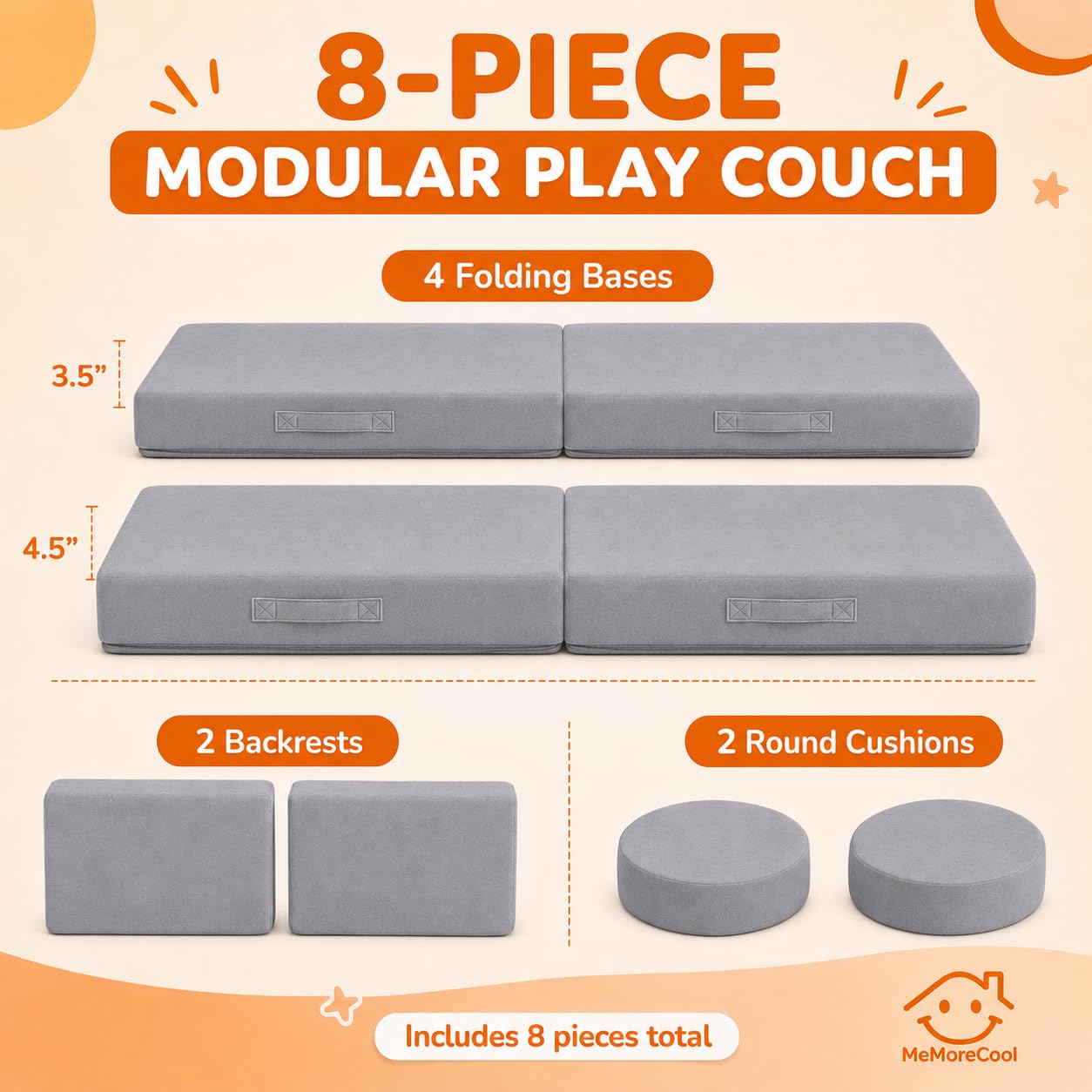 MeMoreCool Kids Couch, Light Grey Modular Foam Play Couch, Ages 3+