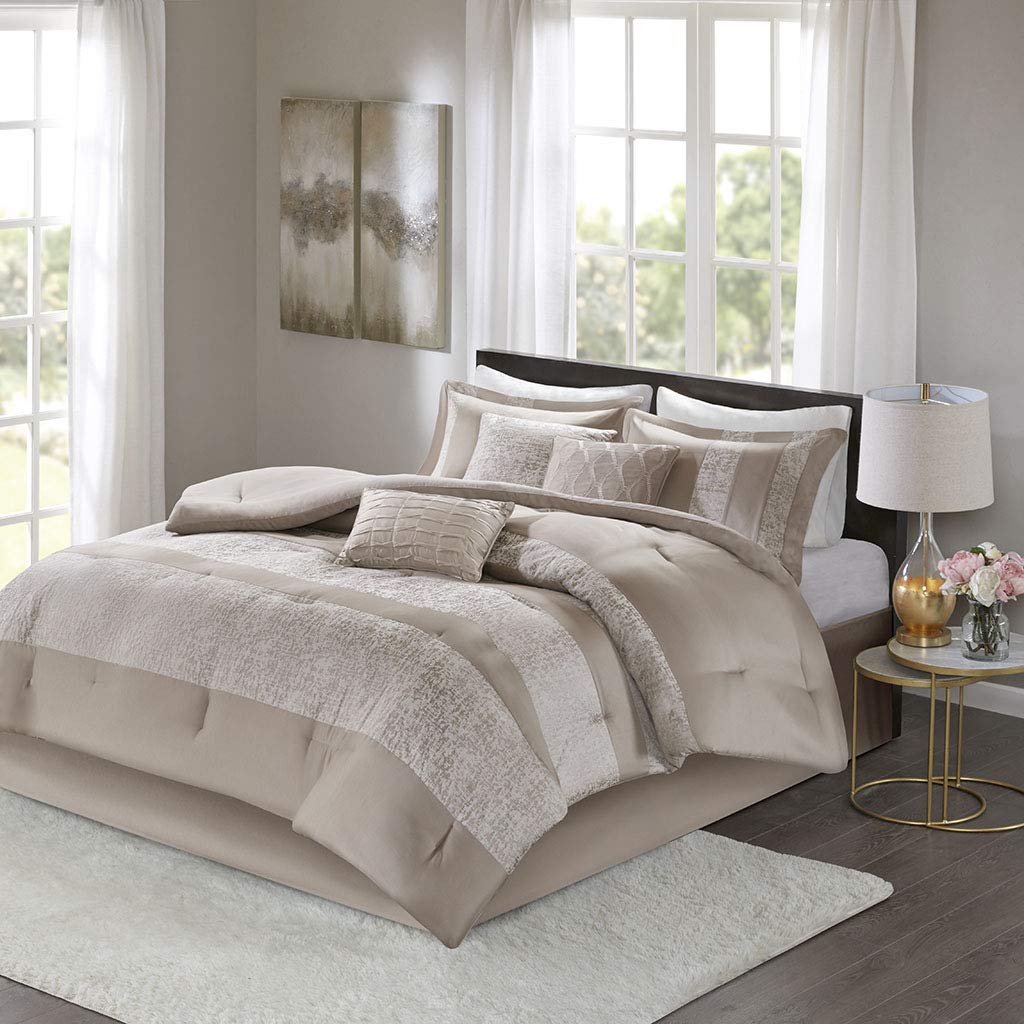 Madison Park Luxury Comforter Set-Traditional Jacquard Design All Season Down Alternative Bedding, Matching Bedskirt, Decorative Pillows, King(104"x92"), Ava, Pieced Taupe 7 Piece