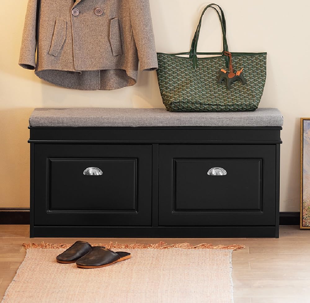 Haotian Black Storage Shoe Bench with 2 Flip Drawers, Hidden Shoe Bench, Free Standing Shoe Rack, Shoe Cabinet, Hallway Storage Bench with Seat Cushion FSR64-SCH