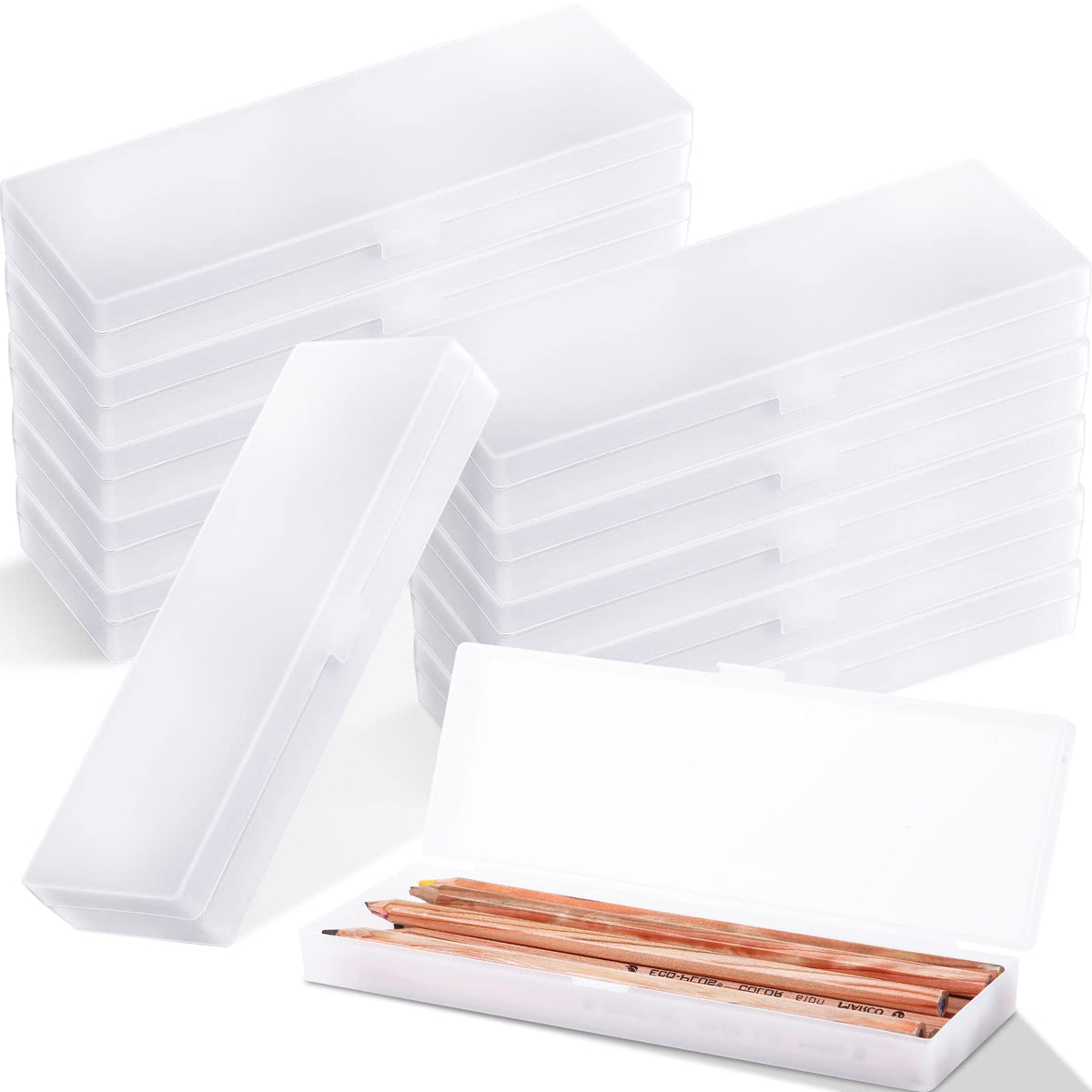 Crtiin 50 Pcs Pencil Boxes Bulk Plastic Clear Pencil Case Box for School Bulk Storage with Hinged Lid for Students School Office Supplies Organization(7.17 x 2.36 x 0.94 Inch)