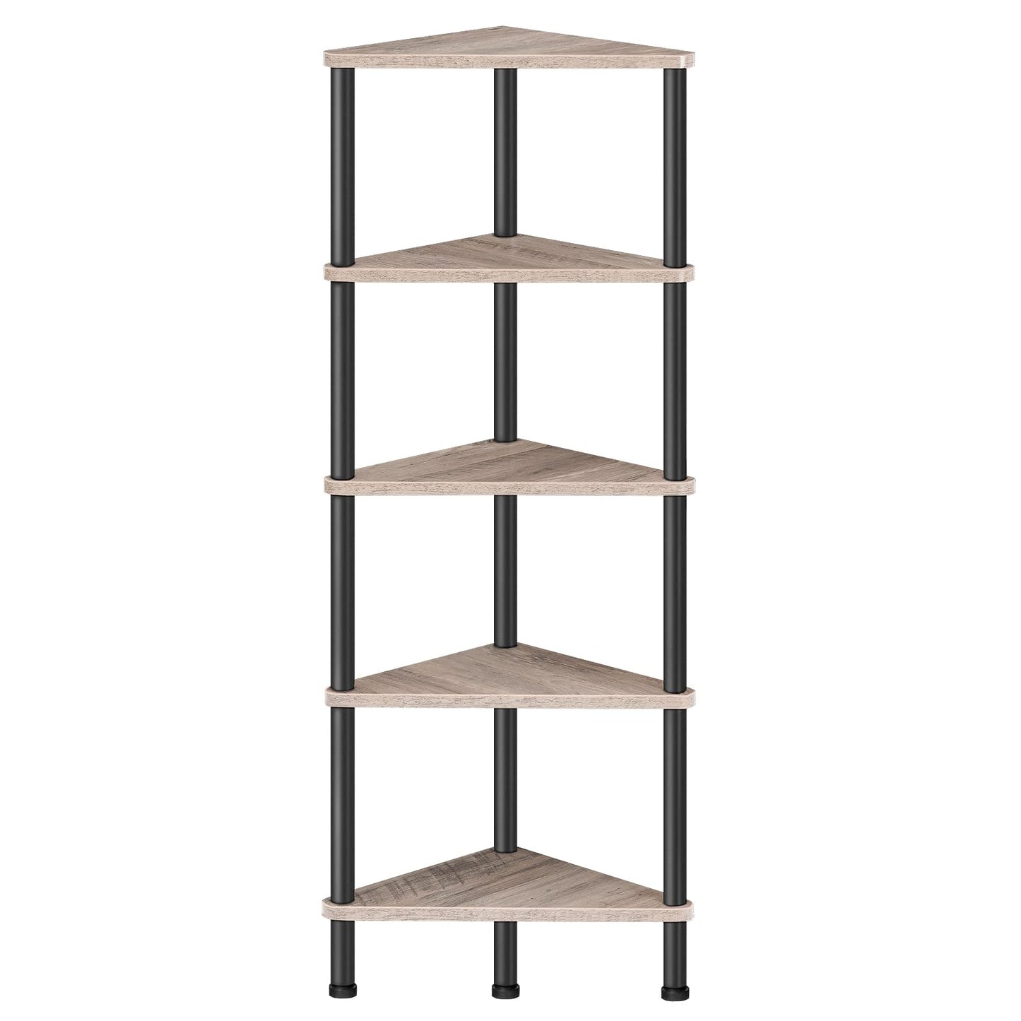 HOOBRO Corner Shelf Stand, Industrial 5-Tier Corner Bookshelf with Metal Frame, Corner Shelf Stand Display Plant Flower, Corner Bookcase for Small Spaces, Living Room, Greige and Black BG33CJ01