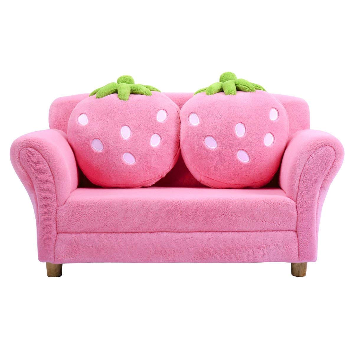 Costzon Kids Couch, Double Seat Pink Children's Sofa with 2 Strawberry Pillows, Toddler Armrest Chair for Bedroom, Living Room, Large Soft for Kids Loveseat for Baby Girls Pets Preschool Gifts