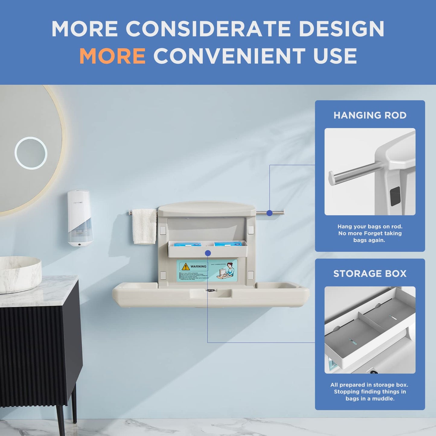 PLUSSEN Commercial Baby Changing Station Wall Mounted, Horizontal Fold-Down Baby Changing Table, Heavy Duty 200lb Capacity, Space Saving Diaper Changing Station for Restroom & Public Facilities