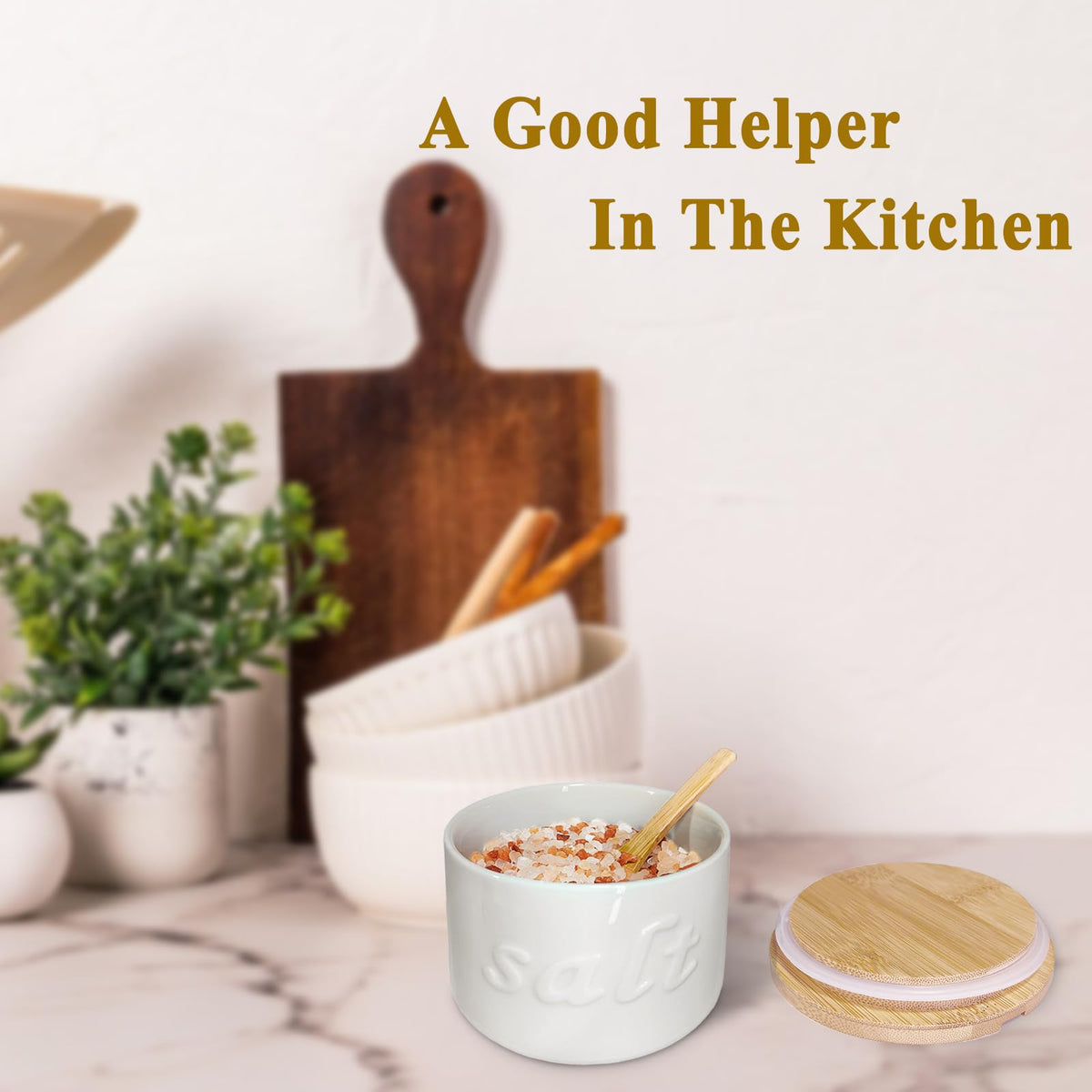 NAXIHOPT Salt Cellar with Lid and Spoon, 16 OZ Airtight Salt Container for Countertop, Ceramic Storage Container for Spices, White
