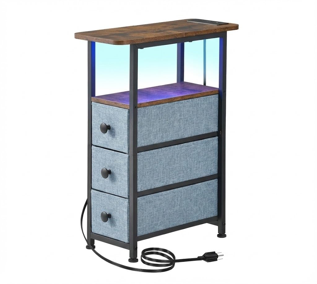 DALEMHOME Narrow End Table with Charging Station, Narrow Side Table with Drawer, Small Nightstand with LED Light, Skinny Nightstand, Small Bedside Table for Living Room, Grey