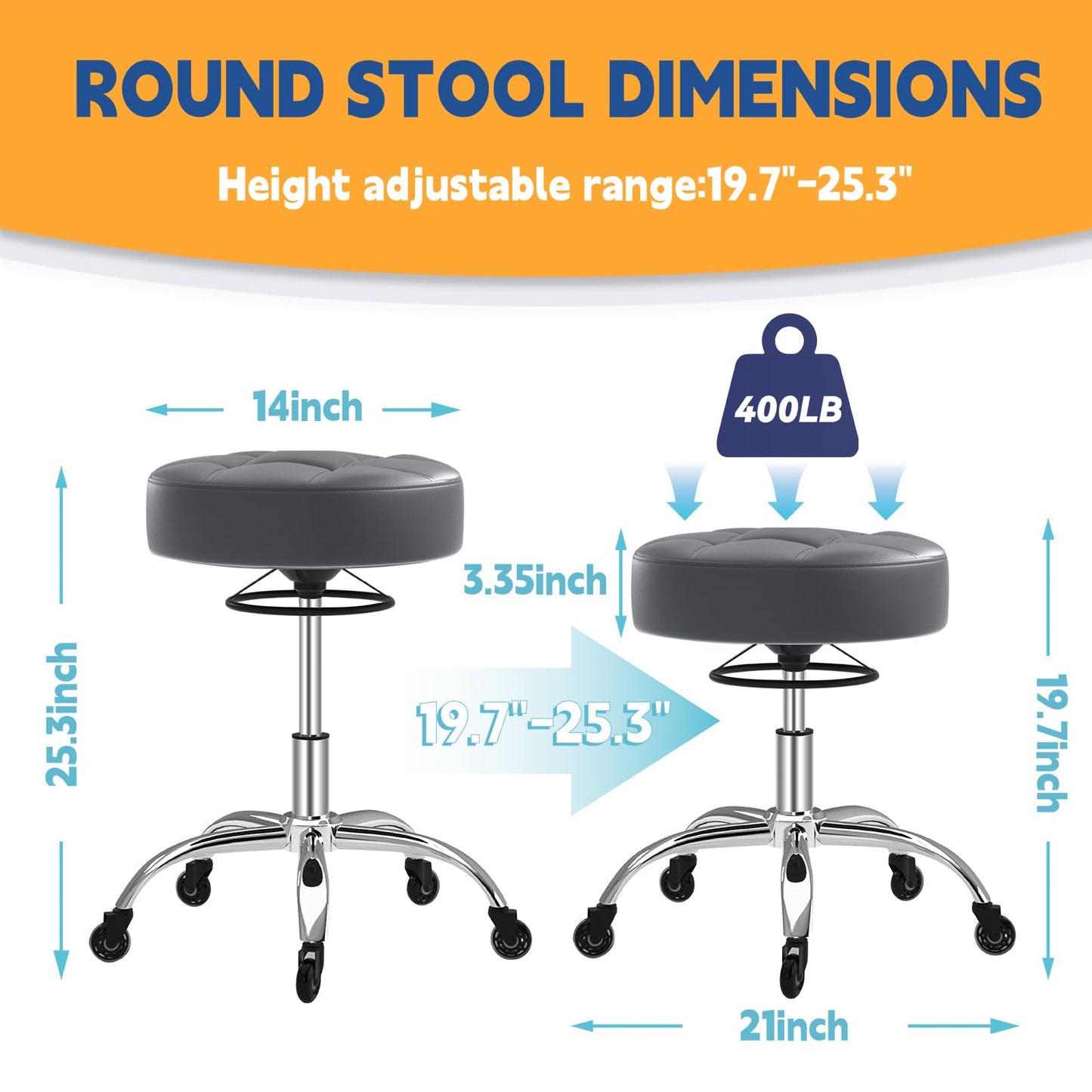 Rolling Stool Heavy Duty 400lb: Super Soft Seat Cushion,360° Swive,Height Adjustability,No Squeaky Noises,No Tip Over,New Upgraded stool Salon Stool Chair, Tattoo Facial Massage Spa Medical (Grey1)