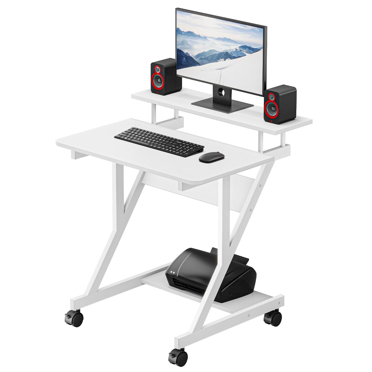 Dripex Computer Desk for Small Spaces, 27.5 inch Small Computer Desk, 3 Tier Compact Desk with Monitor Shelf and Bottom Storage Shelves, Space Saving Desk, White