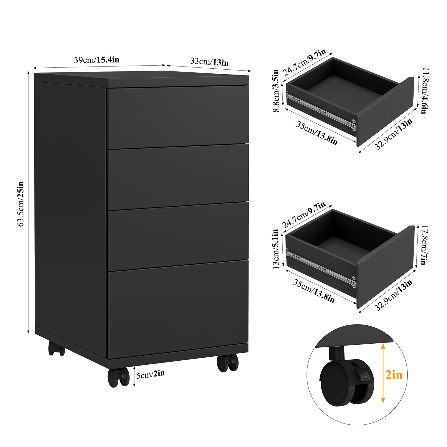 BOTLOG 4-Drawers Chest, Mobile Under Desk Drawer with Locking Casters, Wooden Printer Stand with Wheels, Rolling Craft Storage Cabinet for Home Office, Black