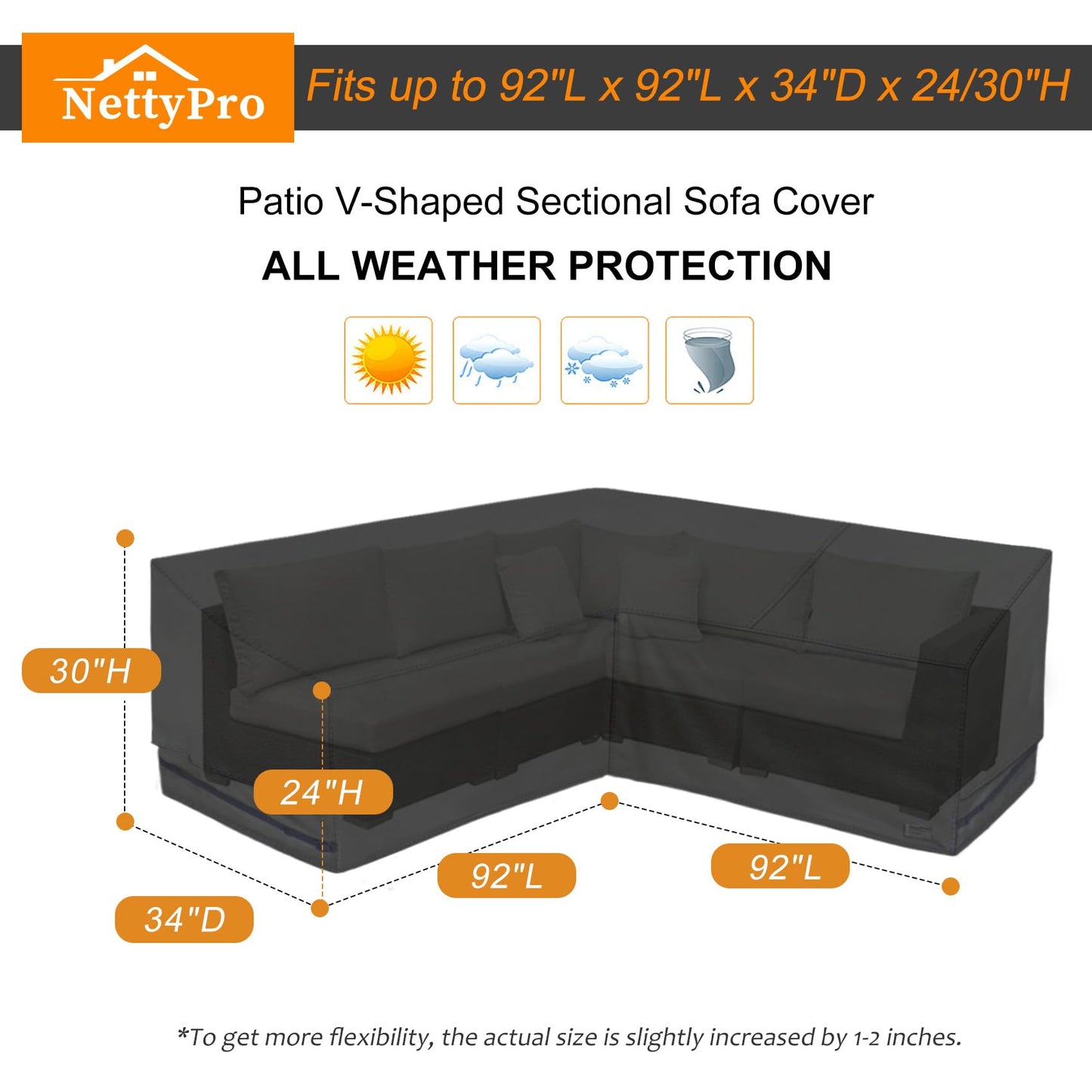 NettyPro Outdoor Sectional Sofa Cover 92 Inch, 600D Heavy Duty Waterproof Patio Lawn Furniture V-Shaped Lounge Set Couch Cover, Black