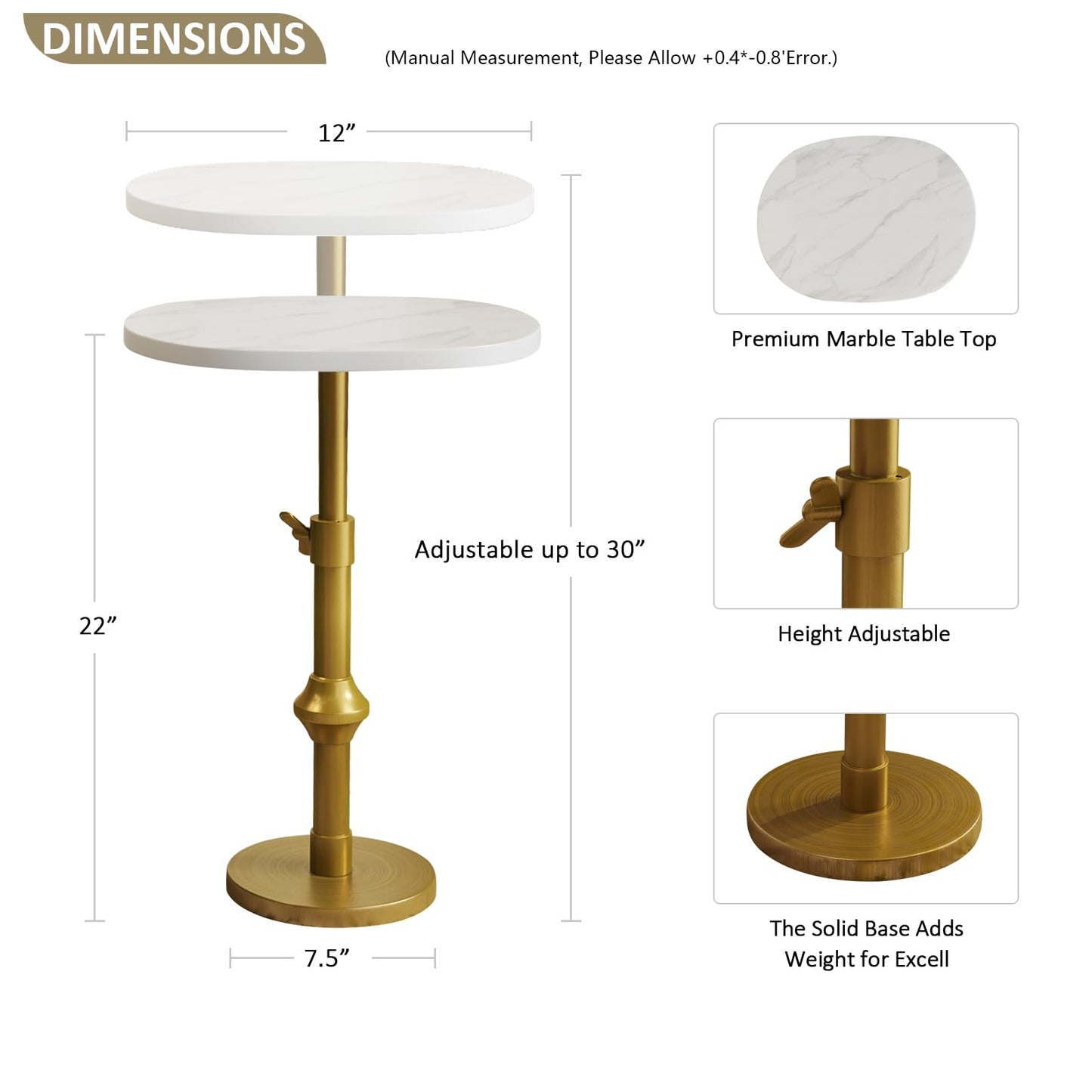 WHGBJA Adjustable Drink Table, 10"x12"x(22“~30") Martini Table with Metal Antique Brass Stand Base, Drink Tables for Small Spaces, Living Room, Bedroom, Or Office (White)