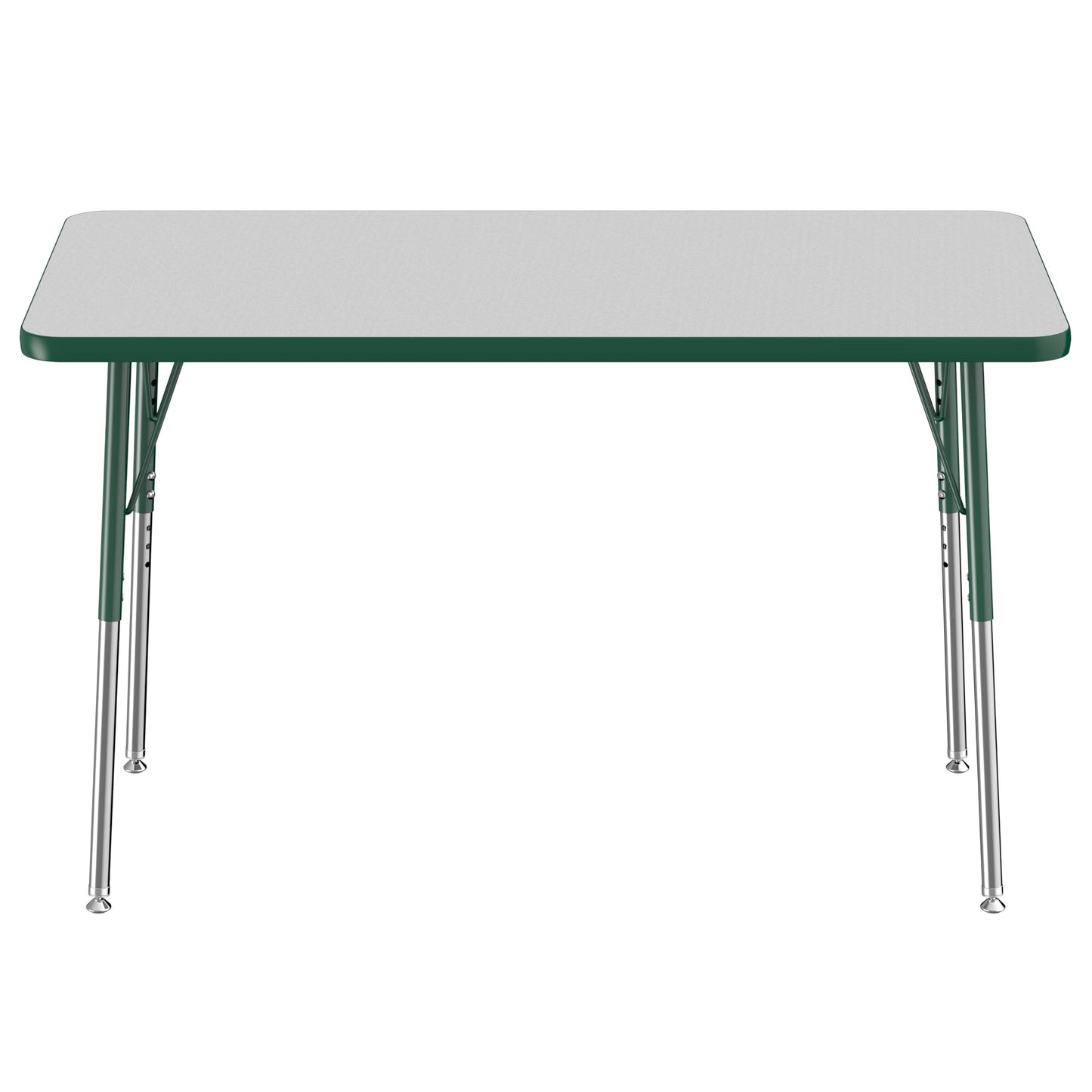 FDP Rectangle Activity School and Office Table (24 x 48 inch), Standard Legs with Swivel Glides, Adjustable Height 19-30 inches - Gray Top and Green Edge