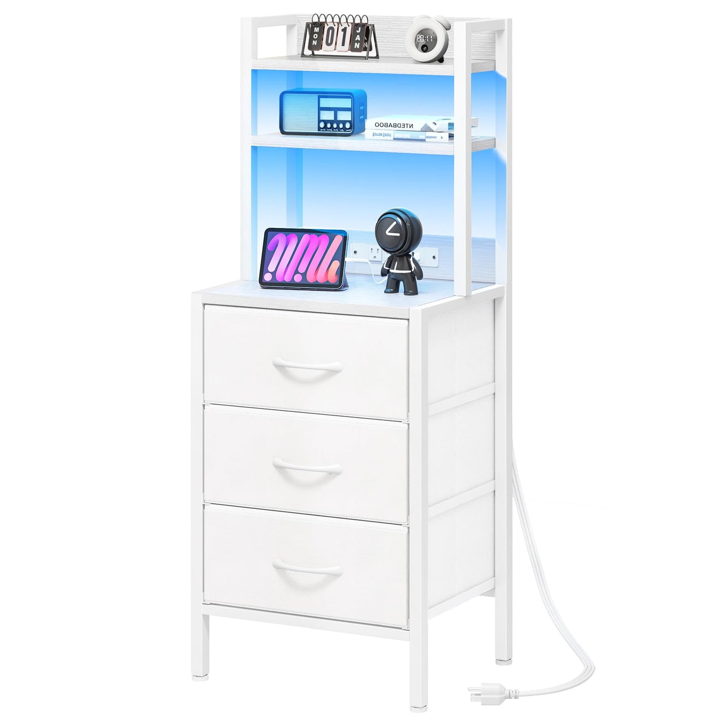 Fixwal Tall Nightstand with Charging Station, 41 Inch Led Night Stand with U-S-B Port & Socket, 3 PU Finished Fabric Storage Drawers, Office, Bed Side Table & Bookshelf in One, White
