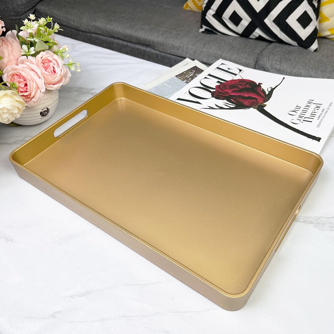 UOEKCS Gold Decorative Tray, Serving Tray with Handles, Plastic Rectangular Tray for Ottoman Coffee Table, Bathroom, Living Room. 15.7"*10.2"