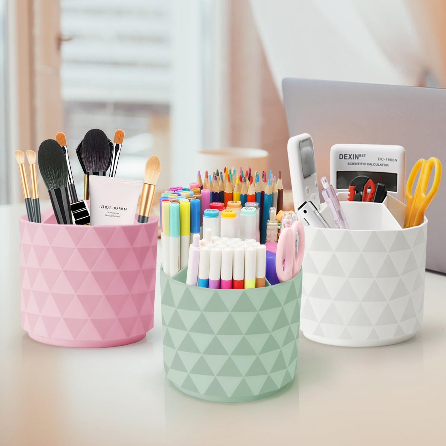 Nuozme Desk Organizer, 360-Degree Rotating Pencil Pen Holders For Desk, Diamond Pattern Pen Organizer With 5 Compartments, Cute Desk Accessories Decor For Office, School,Home,Art Supply (Green)