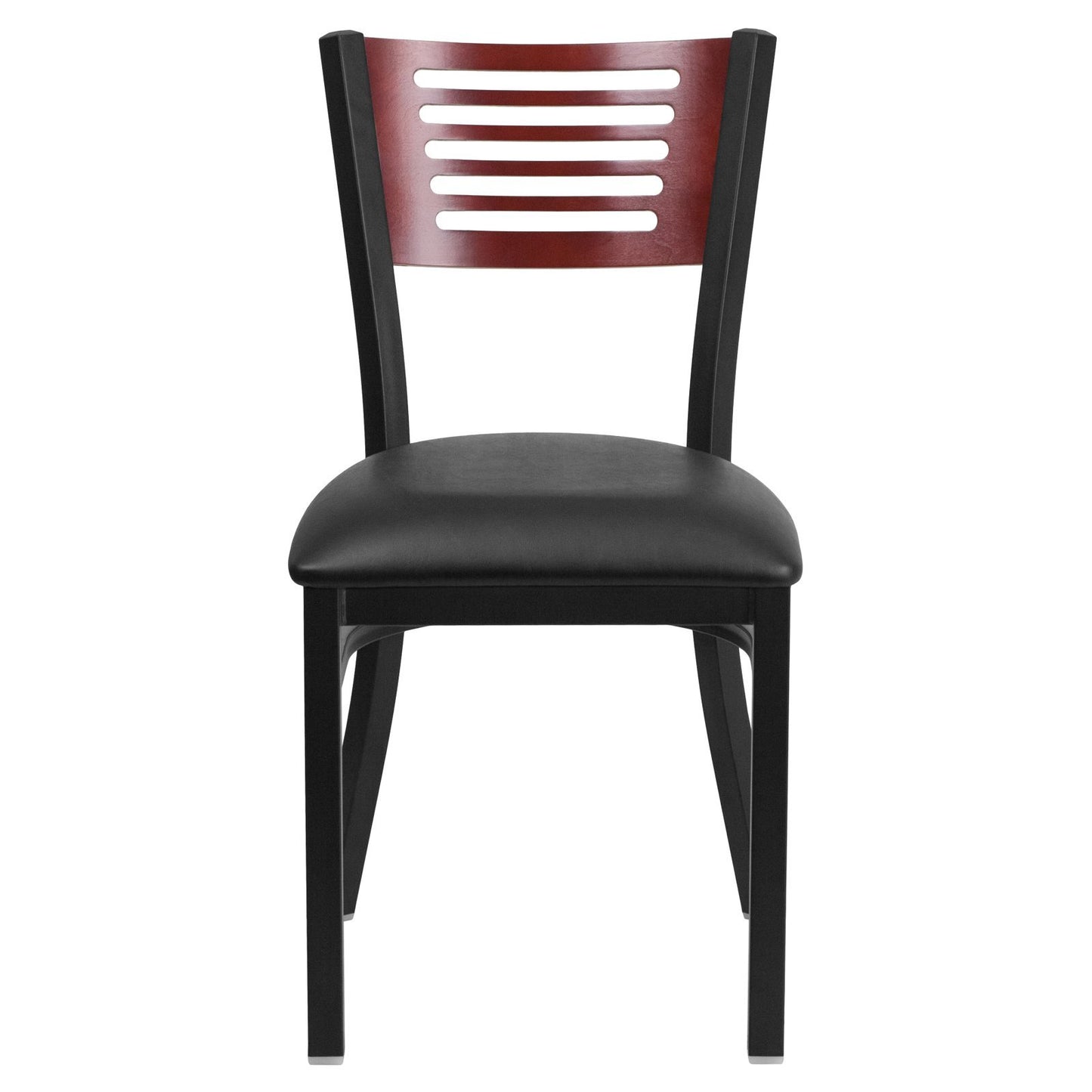 Flash Furniture HERCULES Series Black Slat Back Metal Restaurant Chair - Mahogany Wood Back, Black Vinyl Seat