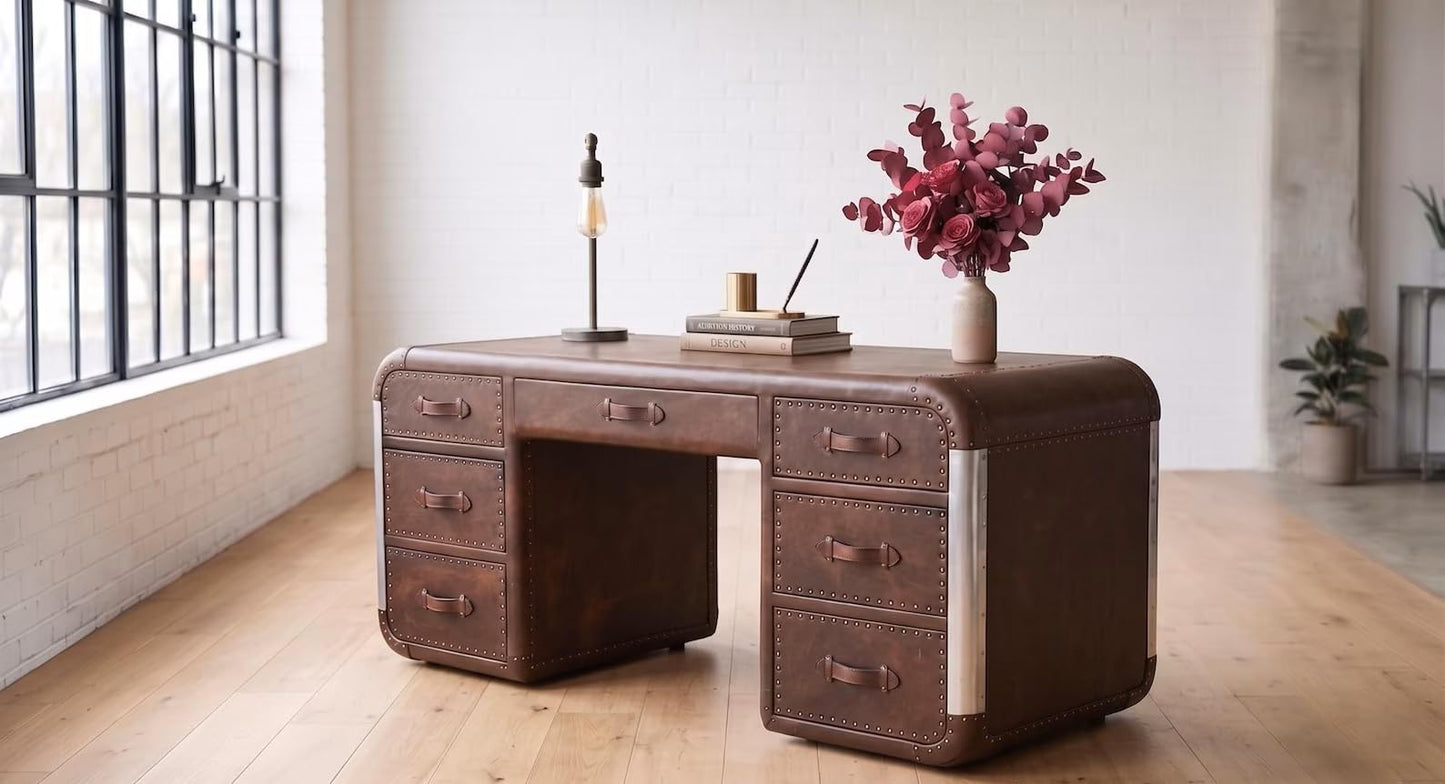 NauticalMart Industrial Aviator Executive Desk with 7 Drawers, Handcrafted Vintage Brown Leather & Aluminum Office Desk, Aircraft-Inspired Rivet Writing Table for Home Office (72" W X 28" D X 30" H)