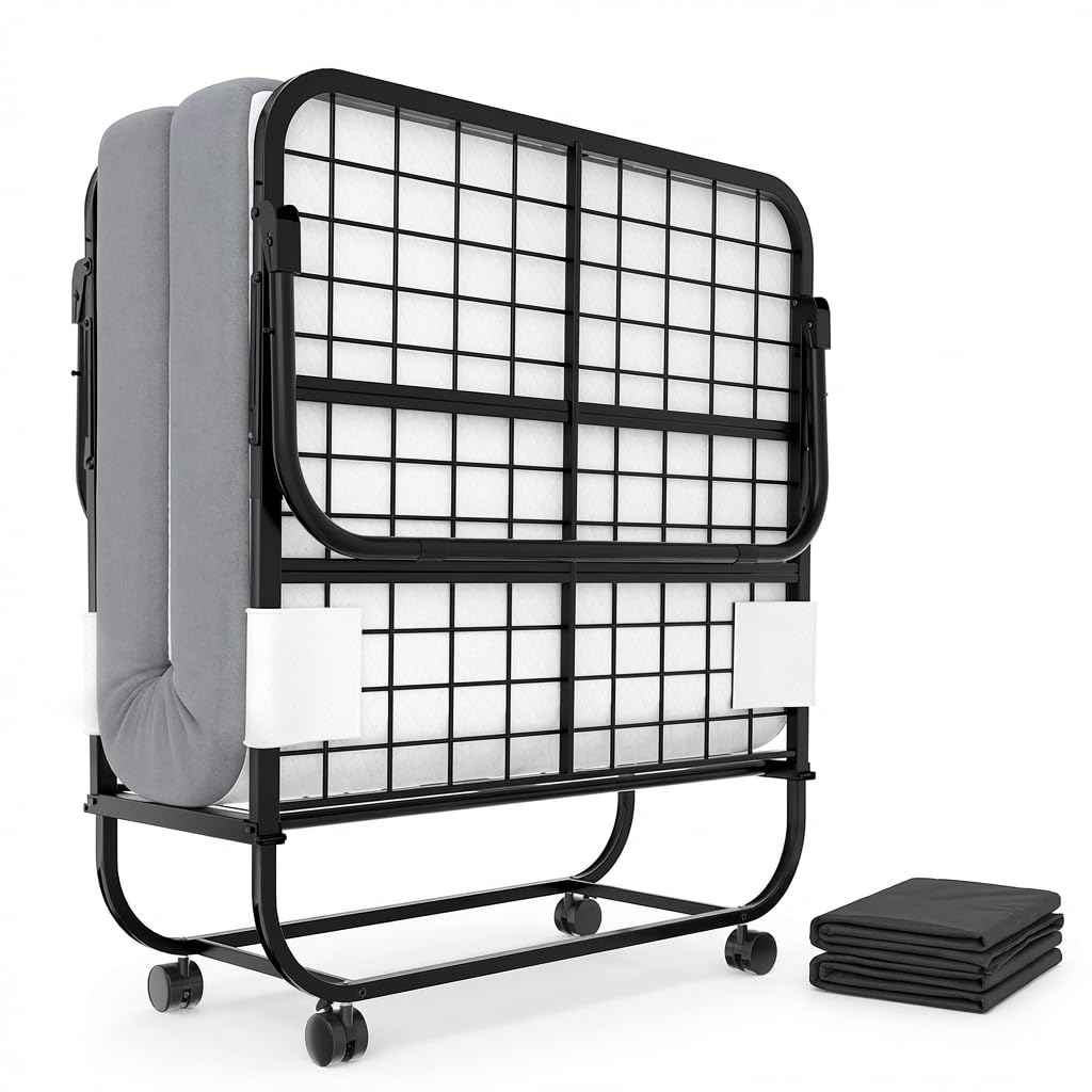 Karcog Rollaway Bed with Mattress for Adults, Folding Bed with Memory Foam Mattress and Sturdy Metal Frame, Cot Size Portable Guest Bed on Wheels with Storage Cover, 75” x 31”