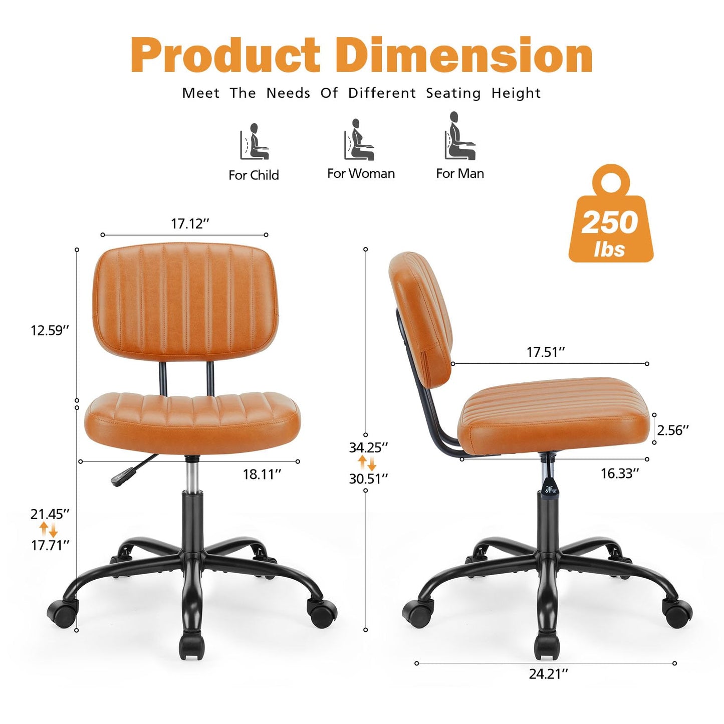 Sweetcrispy Small Office Desk Chair - Armless PU Leather with Comfy Lumbar Support, Height Adjustable Rolling Swivel Task for No Arms, for Adult, Student, Bedroom, Home, Vanity, Brown