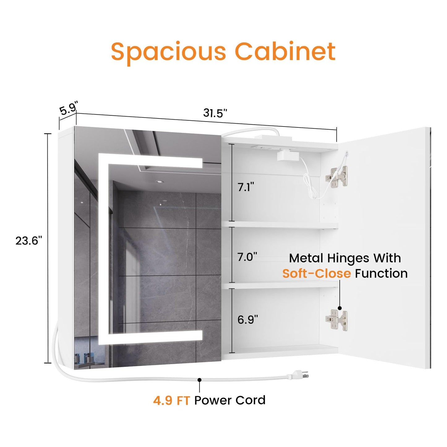 Snughome Bathroom Medicine Cabinet with Mirror & LED Lights, Wall Mount Bathroom Mirror with Storage, Built-in Power Outlets, Dimmable 3 Color Temp, Anti Rust Easy to Install, 31.5" x 23.6"