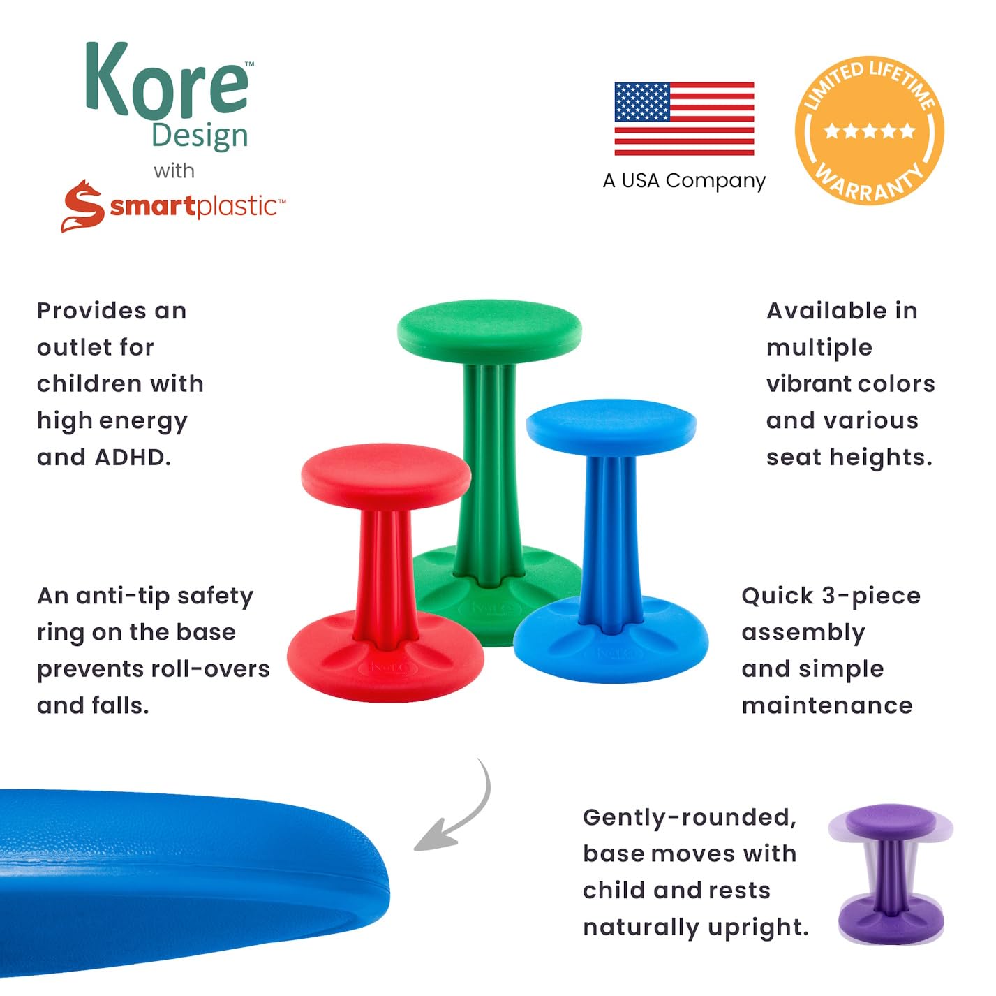 KORE Design Wobble Stool Chair, Girls + Boys Kid Desk Stools, Ergonomic Small Office Chairs, Flexible Seating for Active Kids, ADD/ADHD, Classroom, School, Home, Junior (16in), Age 8-9 yrs, Grey