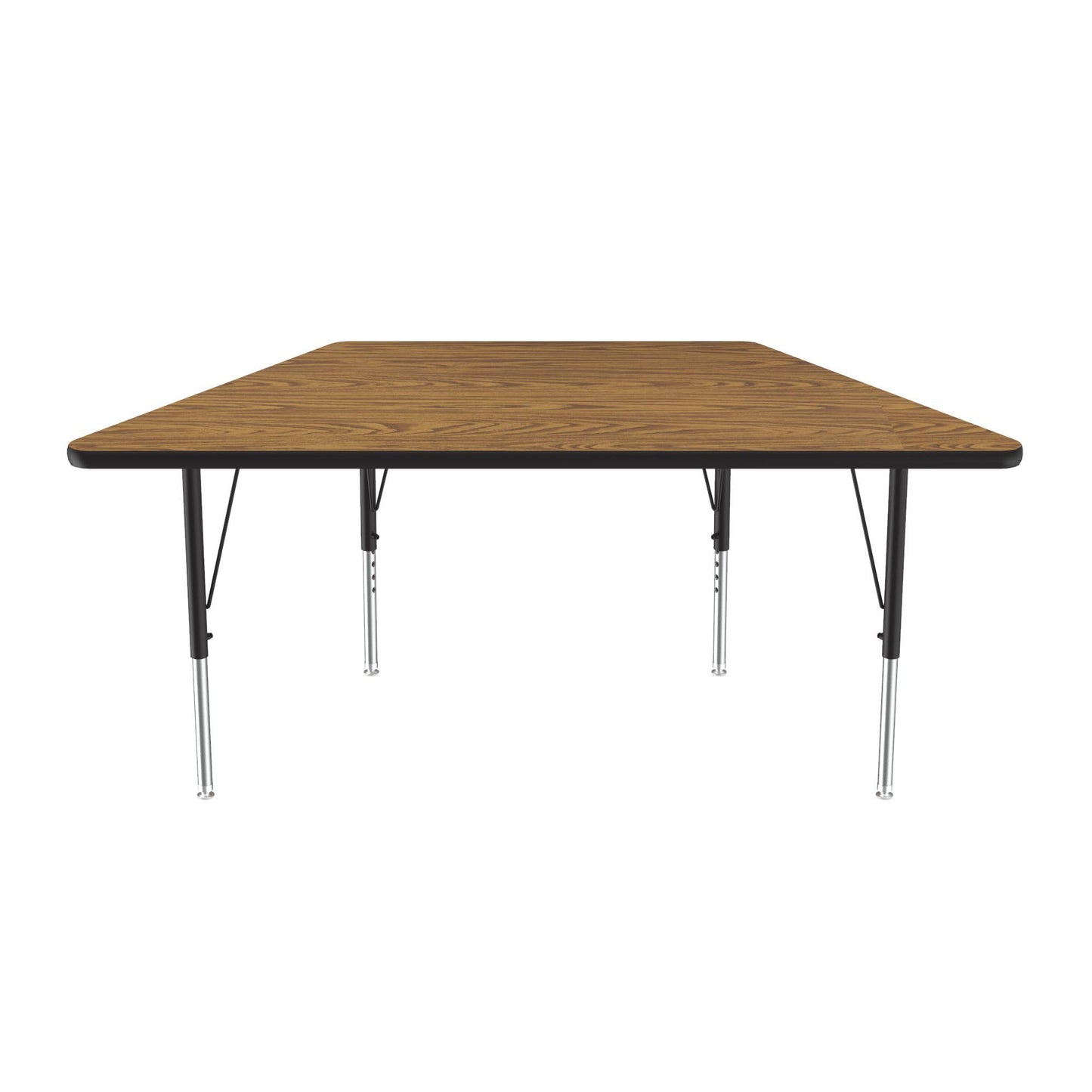 Correll 30"x60" Trapezoid Shaped Econoline Classroom Activity Table, Medium Oak Melamine Top, Height Adjustable (19"-29"), Black/Chrome Legs, School Furniture, Made in The USA