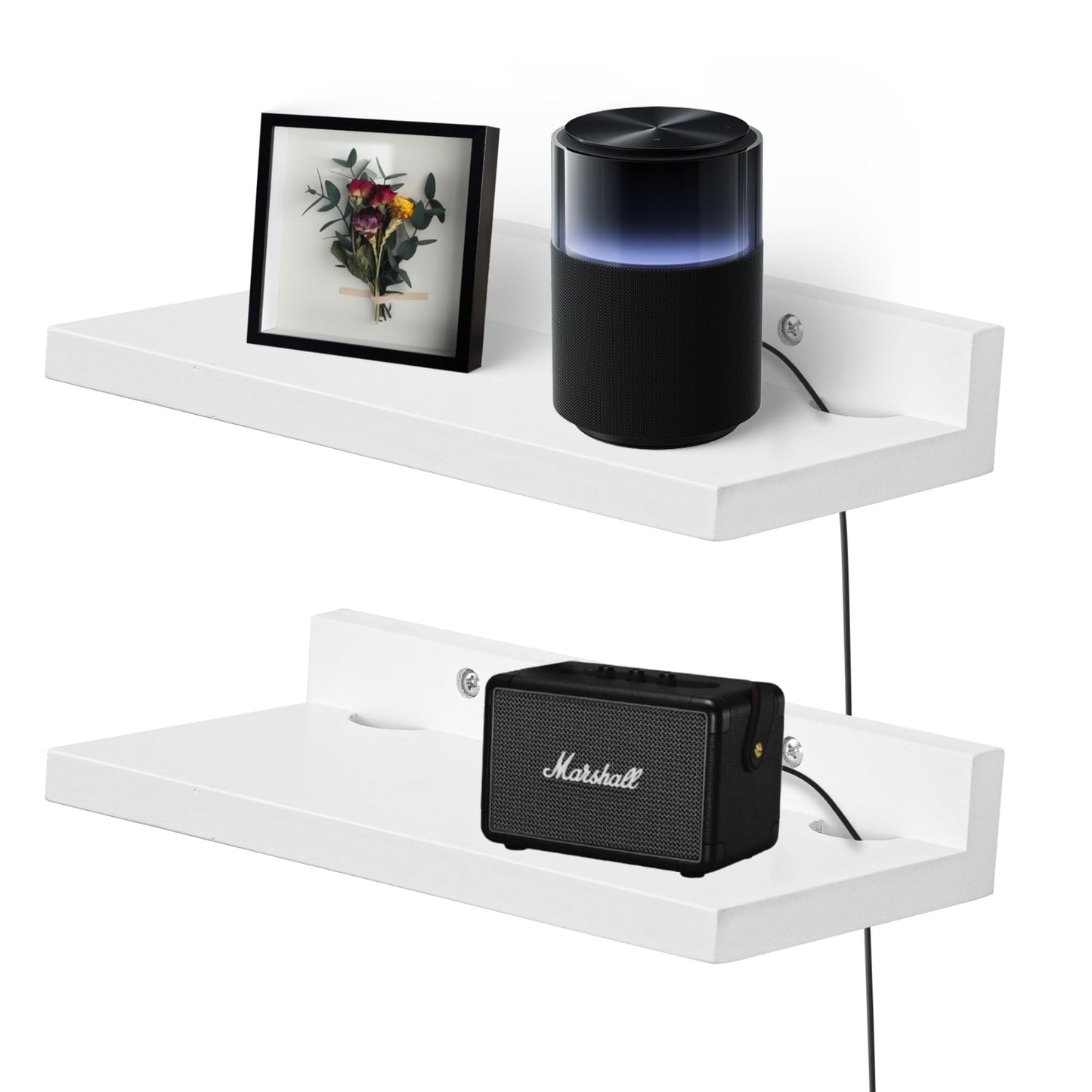 FURAOMEILI Small Floating Shelf for Wall,9X5 Inch Wall Mounted Shelf with Cord Hole,Small Display Shelves for Cameras, Webcam, Router,Smart Speaker,Action Figures-2 Pcs(White