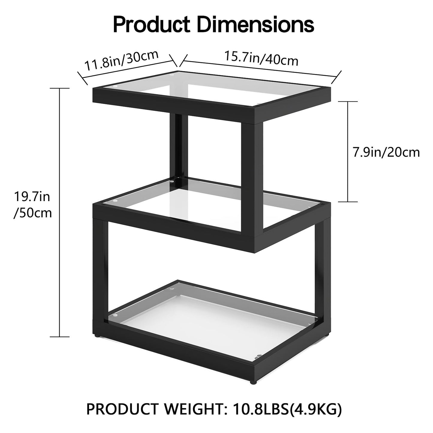 Permory Glass 3-Tier S-Shaped Side Table with LED Strip, Black End Table for Living Room & Bedroom (Rectangle)