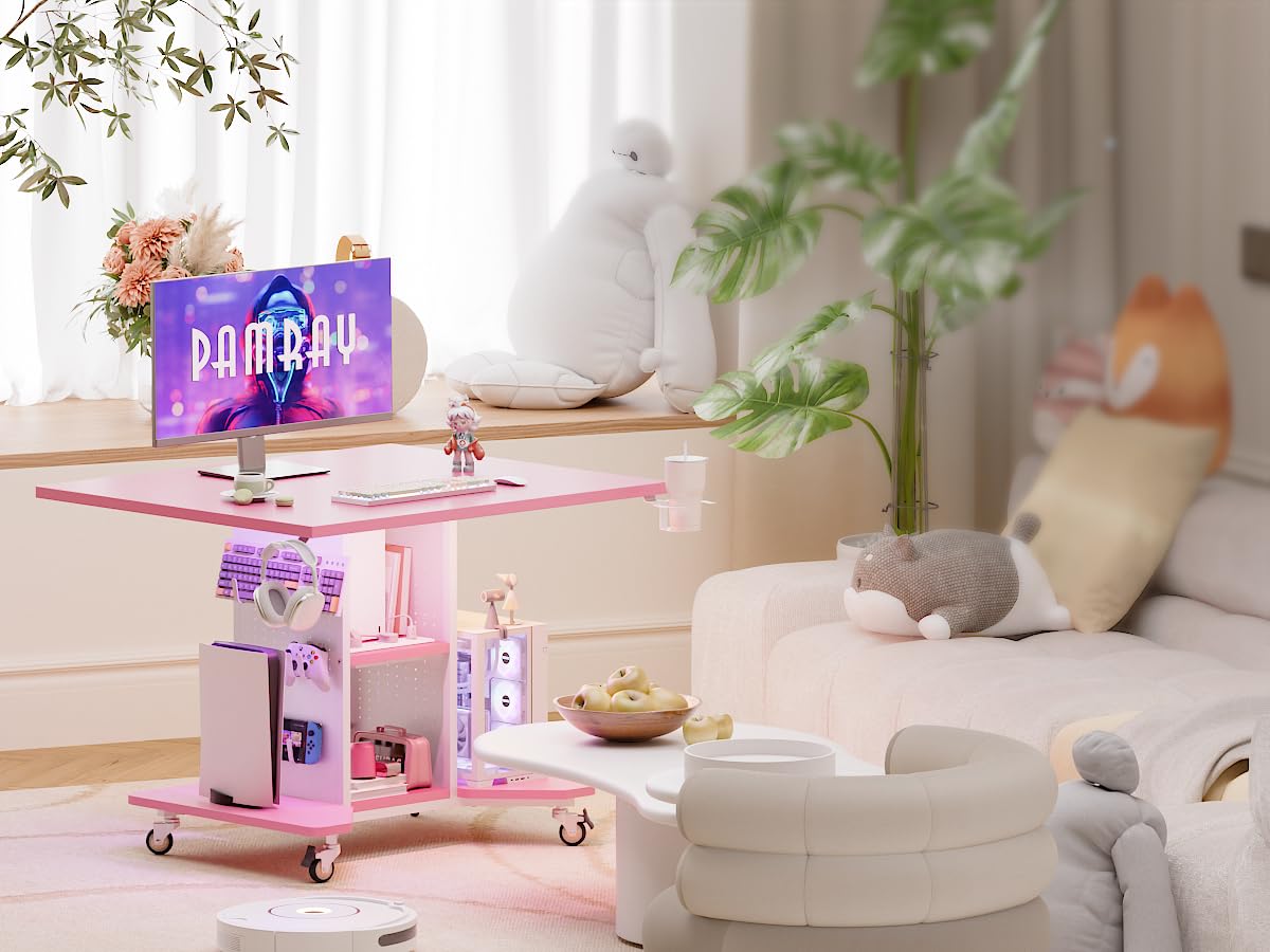 Pamray Small Gaming Desk Rolling Computer Table Pink