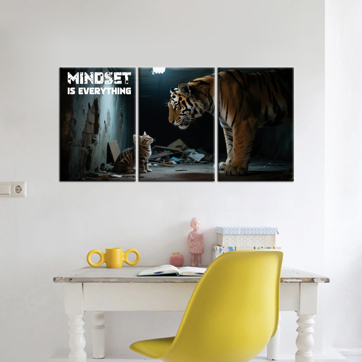 YSPCSUN Inspirational Canvas Wall Art Mindset Is Everything Motivational Office Decor Cat Thinking Like Tiger Success Pictures Framed Large Business Entrepreneur Wall Painting, 48x24 Inch