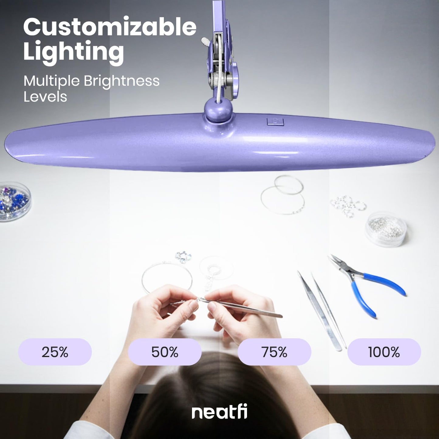 Neatfi XL 2200 Lumens 24W LED Desk Lamp – Shadow-Free Task Lighting | 4-Level Dimming | Home Office & Crafts Use | 20-Inch Wide Head (Lavender, Non-CCT with Clamp)