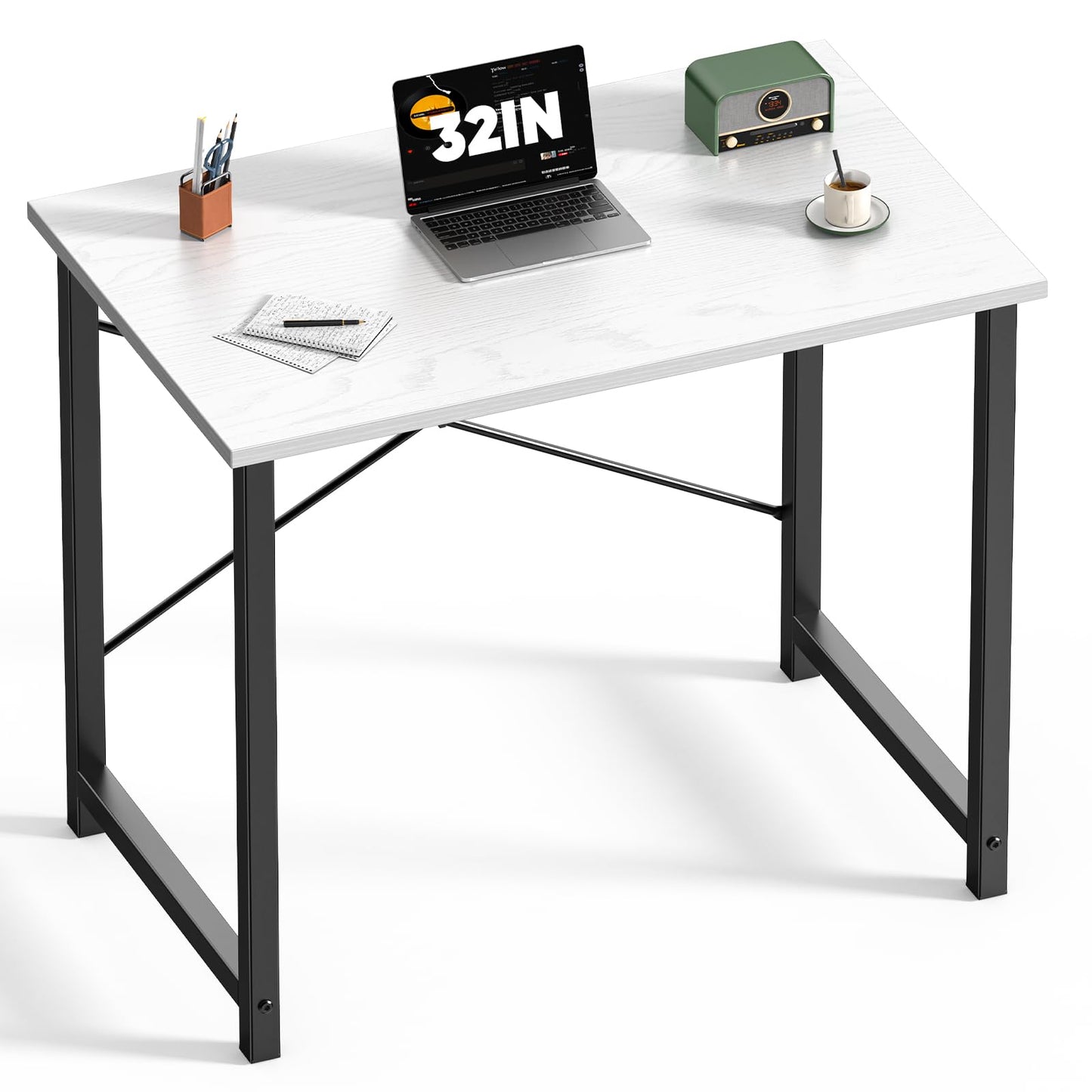 DUMOS 32 Inch Small Computer Desk for Home Office, Modern Study Work Table Simple Style for Bedroom, Writing Desks with X-Shaped ReInchforcement, Black