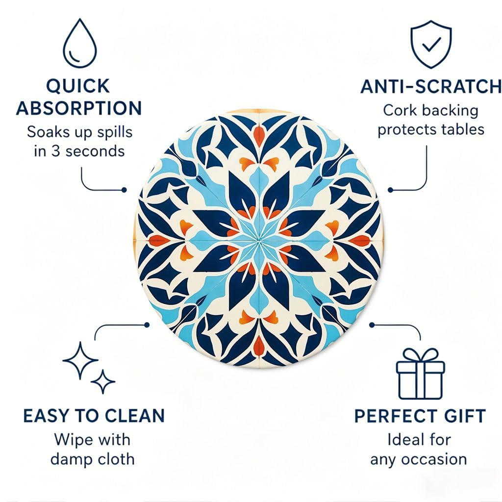 VowVibe Boho Chic Coasters for Dorm Room & Creative Studio, Mandala Dream Pattern Absorbent Stone Mats, 6 Pack, Aesthetic Apartment Essentials for Gifting