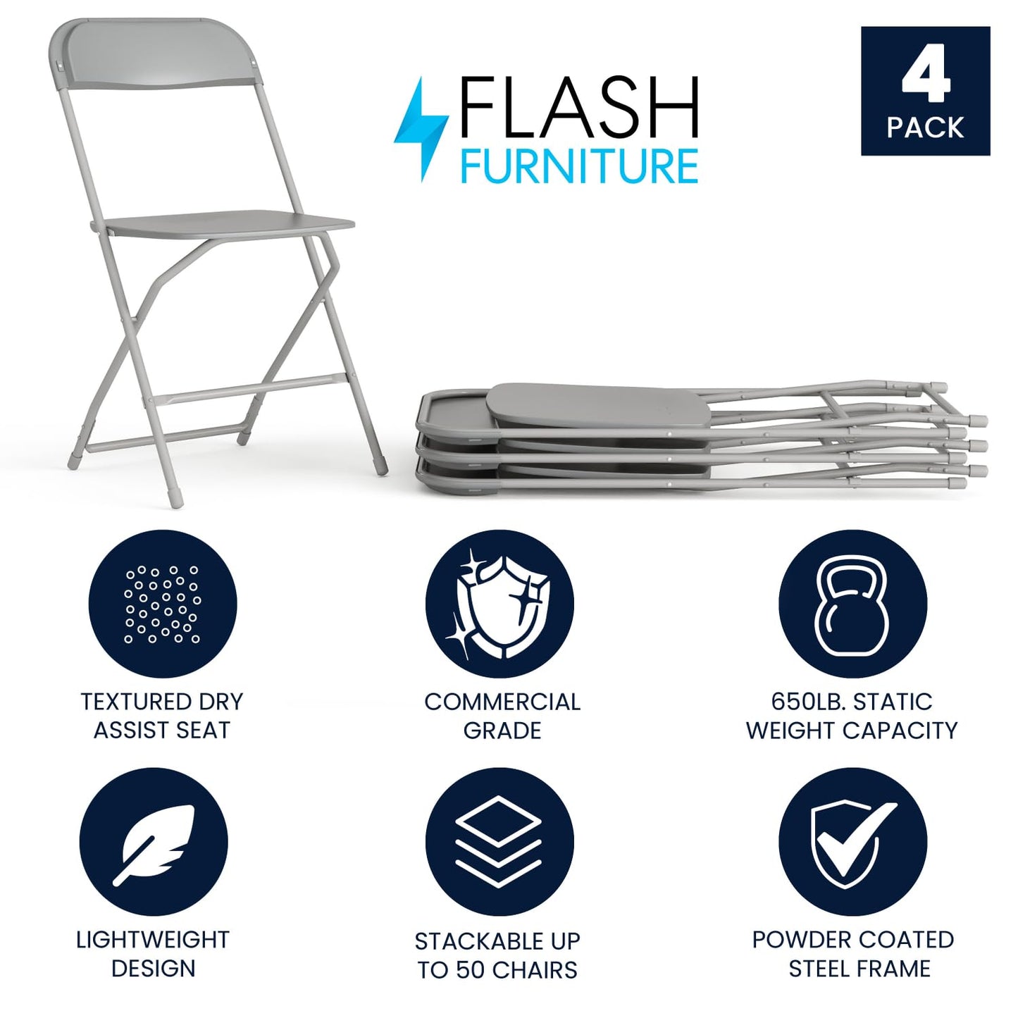 Flash Furniture Hercules Series Plastic Folding Chair - Grey - 4 Pack 650LB Weight Capacity Comfortable Event Chair-Lightweight Folding Chair