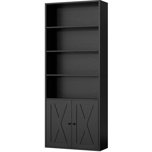 Shintenchi Bookshelf, Industrial Bookshelves and Bookcases with Doors Floor Standing 6 Shelf Display Storage Shelves 70.9 inches Tall Bookcase for Home Office, Living Room (Black)