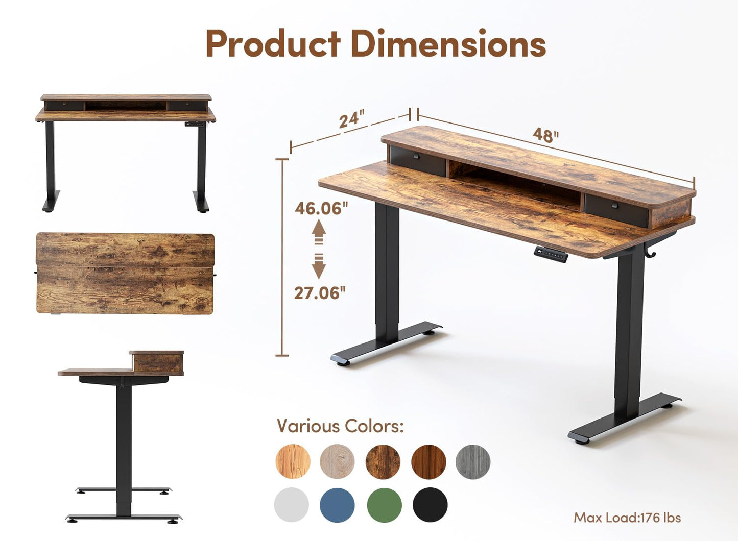 BANTI 48x24 Inch Electric Standing Desk with Dual Drawers, Height Adjustable Stand Up Table, Sit Stand Home Office Desk with Storage Shelf, Black Frame/Rustic Brown Top