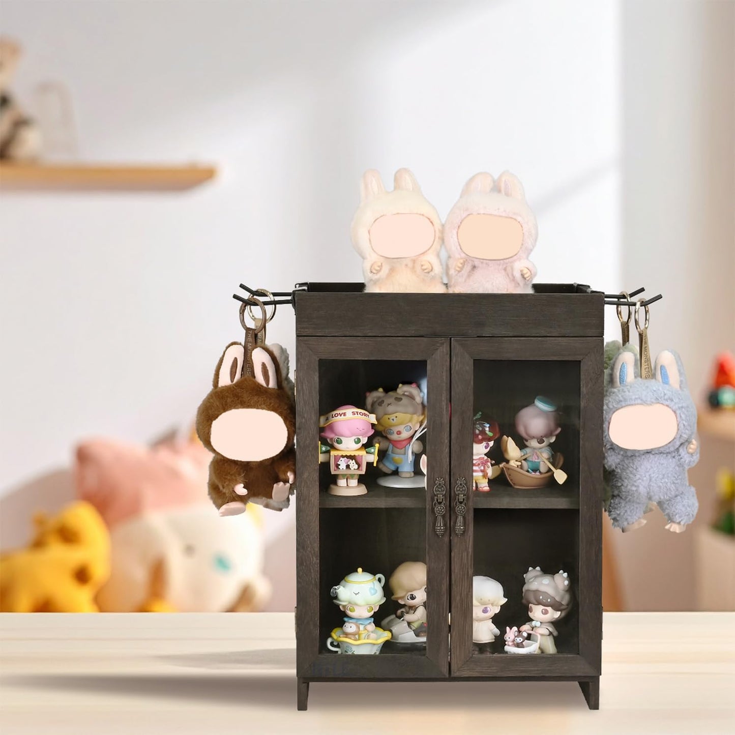 Ikee Design Small Wooden Countertop Storage Cabinet with Adjustable Shelves and Removable Hooks, Perfect for Perfume, Pantry, Essential Oil, 10.4W x 6.1D x 14.4H in, Dark Brown