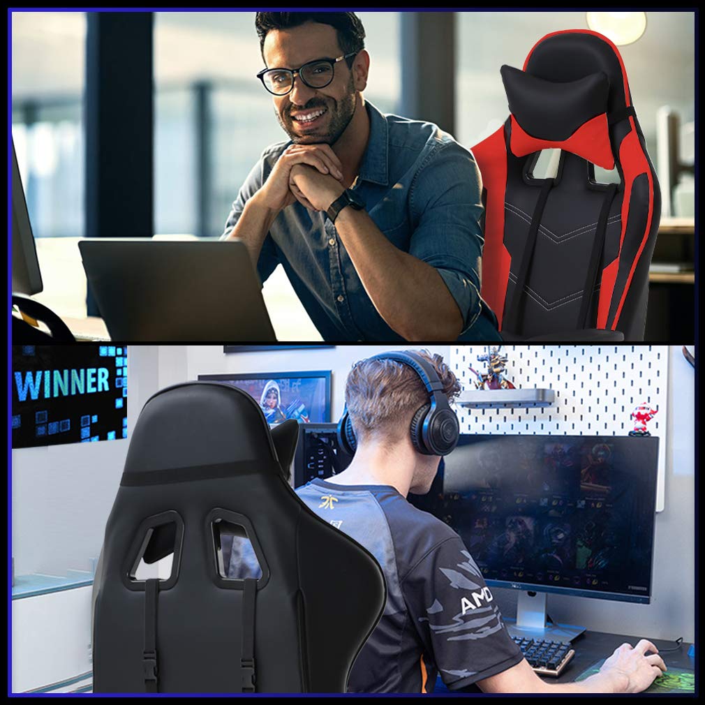 BestOffice | Ergonomic Gaming Chair | Red | Reclining Computer Chair with Lumbar Support, Headrest Pillow, Adjustable Footrests | 360 Swivel with Heavy Duty Wheels | for Home & Office