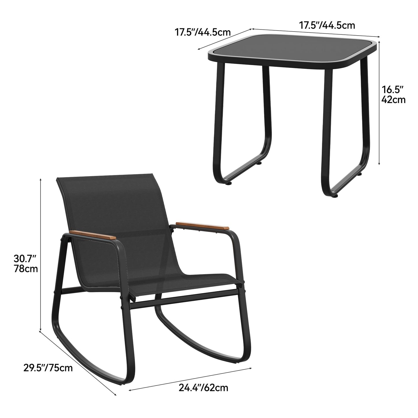 YITAHOME Rocking Patio Furniture Set 3 Piece, Durable Textilene Patio Set w/Wooden Armrest Rocking Chairs & Tempered Glass Table, All Weather for Indoor Outdoor Patio Lawn Garden Poolside, Dark Gray