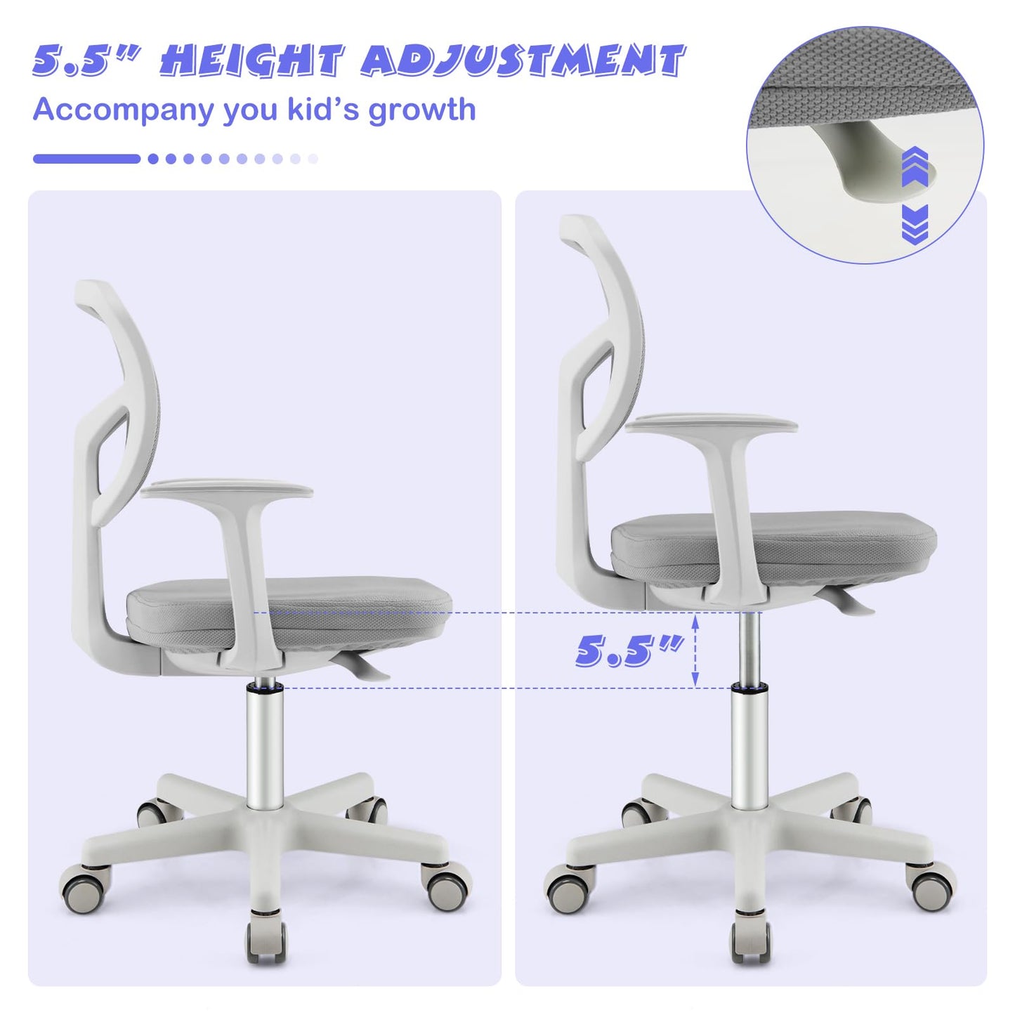 Costzon Kids Desk Chair, Adjustable Children Study Computer Chair with Arms & Wheels, Student Swivel Rolling Task Chair, Ergonomic Kids Office Chair for Boys Girls Age 4-12, Home Bedroom School, Grey
