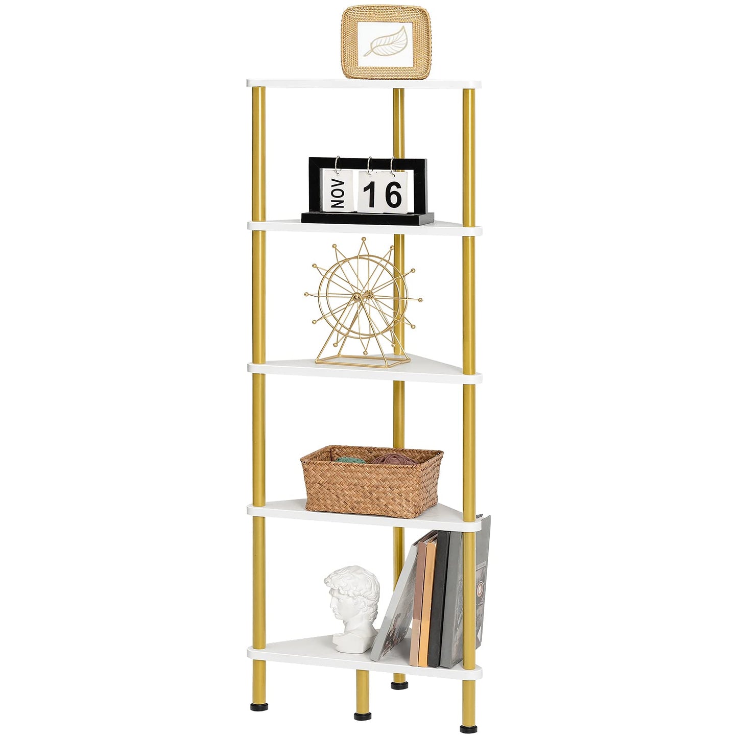 HOOBRO Corner Shelf Stand, Industrial 5-Tier Wall Corner Bookshelf with Metal Frame, Plant Display Shelf, Bookcase for Small Spaces, Bedroom, Living Room, White and Gold DW33CJ01