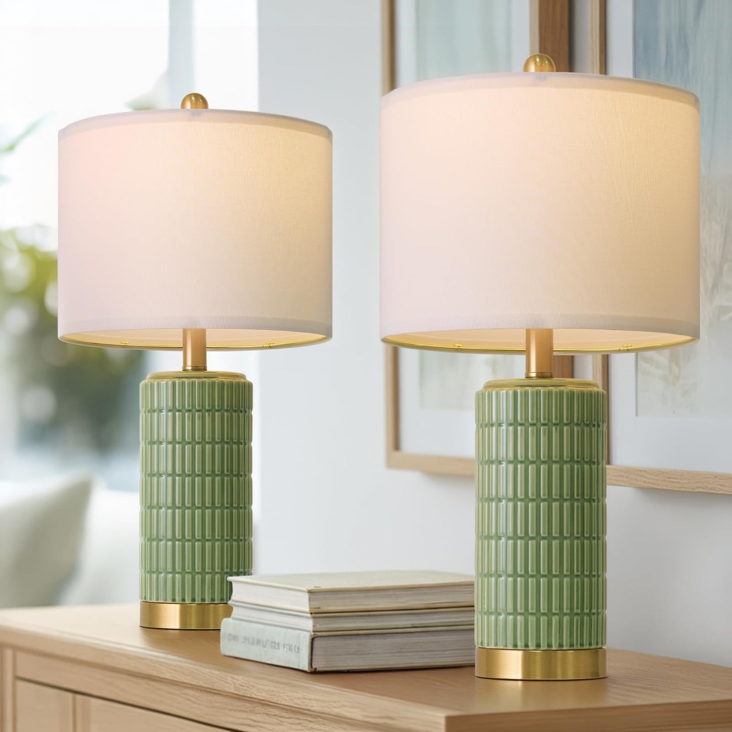 PoKat Bedside Table Lamps Set of 2 for Living Room with 2 USB Ports, 21.5'' Small Modern Nightstand Lamps for Bedroom, Ceramic Side Table Lamps with Gold Base for Office Entryway Decor Gift (Green)