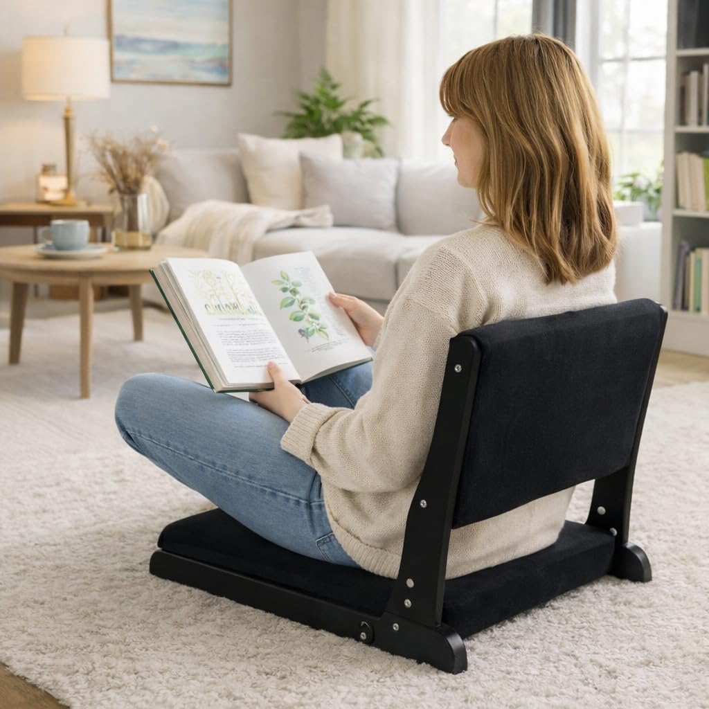 HollyHOME Foldable Tatami Chair, Upholstered Japanese Style Floor Seat, Wood Legless Back Rest With Cushion, Accent Meditation for Bay Window, Living Room, Bedroom, Black