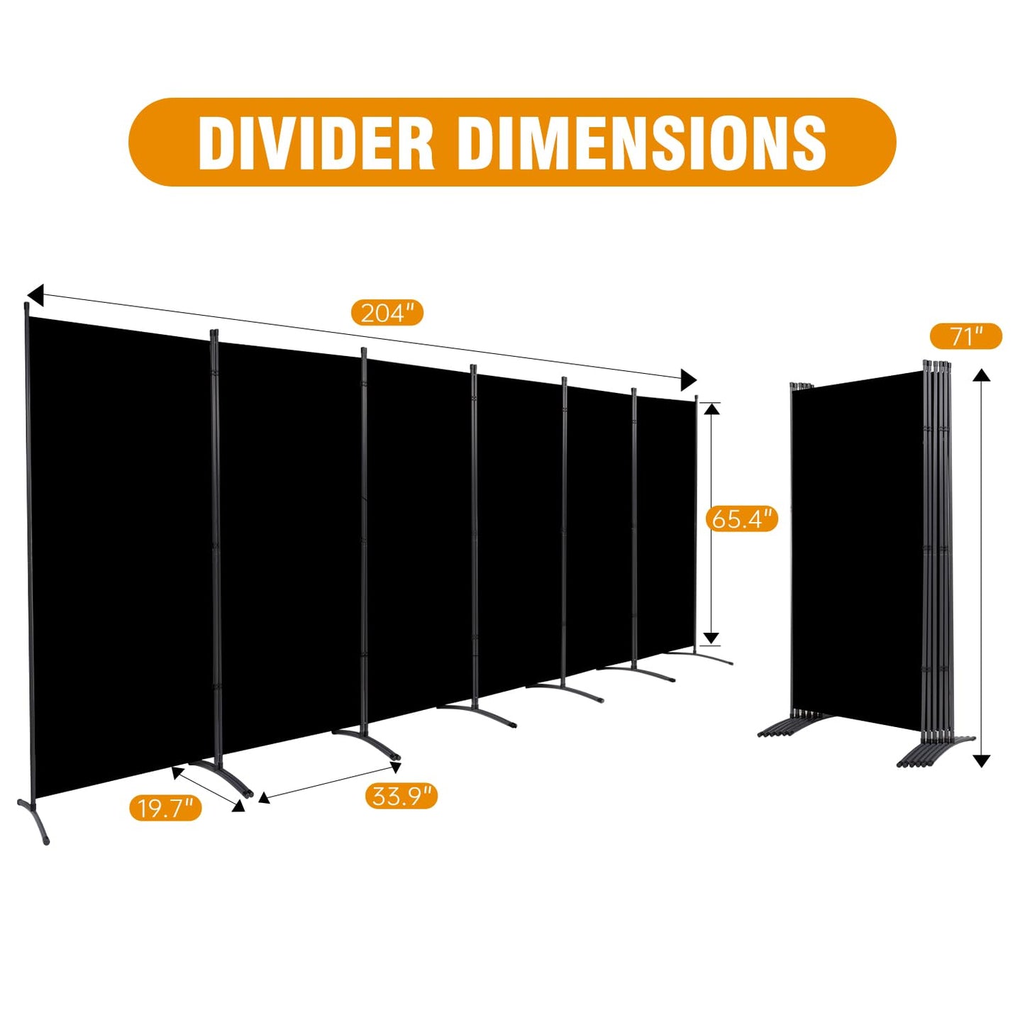 CHOSENM 6 Panel Folding Privacy Screens, 6 FT Tall Wall Divider with Metal Frame, Freestanding Room Divider for Office Bedroom Study (6 Panel, Black)