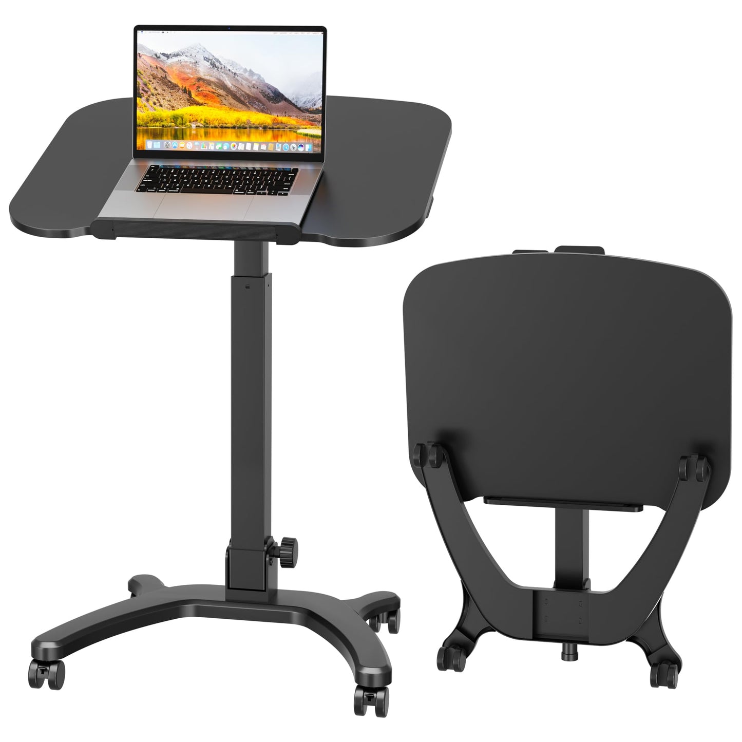 BONTEC Mobile Foldable Standing Desk, Portable Adjustable Height Desk with Gas Spring, Small Rolling Laptop Desk with Wheels for Home, Office, Bedroom, and Medical Use, 25.6" x 19.7" Desktop, Black