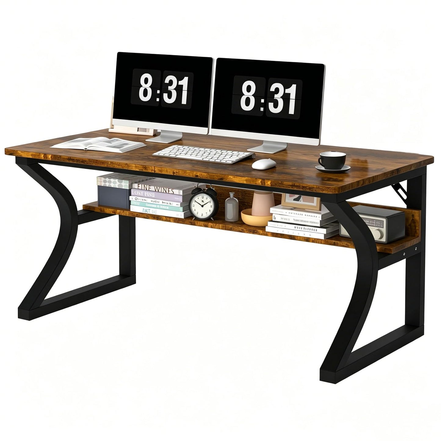Ksortir 55'' Computer Desk Home Office Desk, Modern Computer Desk w/U Shaped Metal Frame, Storage Shelves, PC Table Study Writing Desk Workstation for Home Office (55inch/Brown)